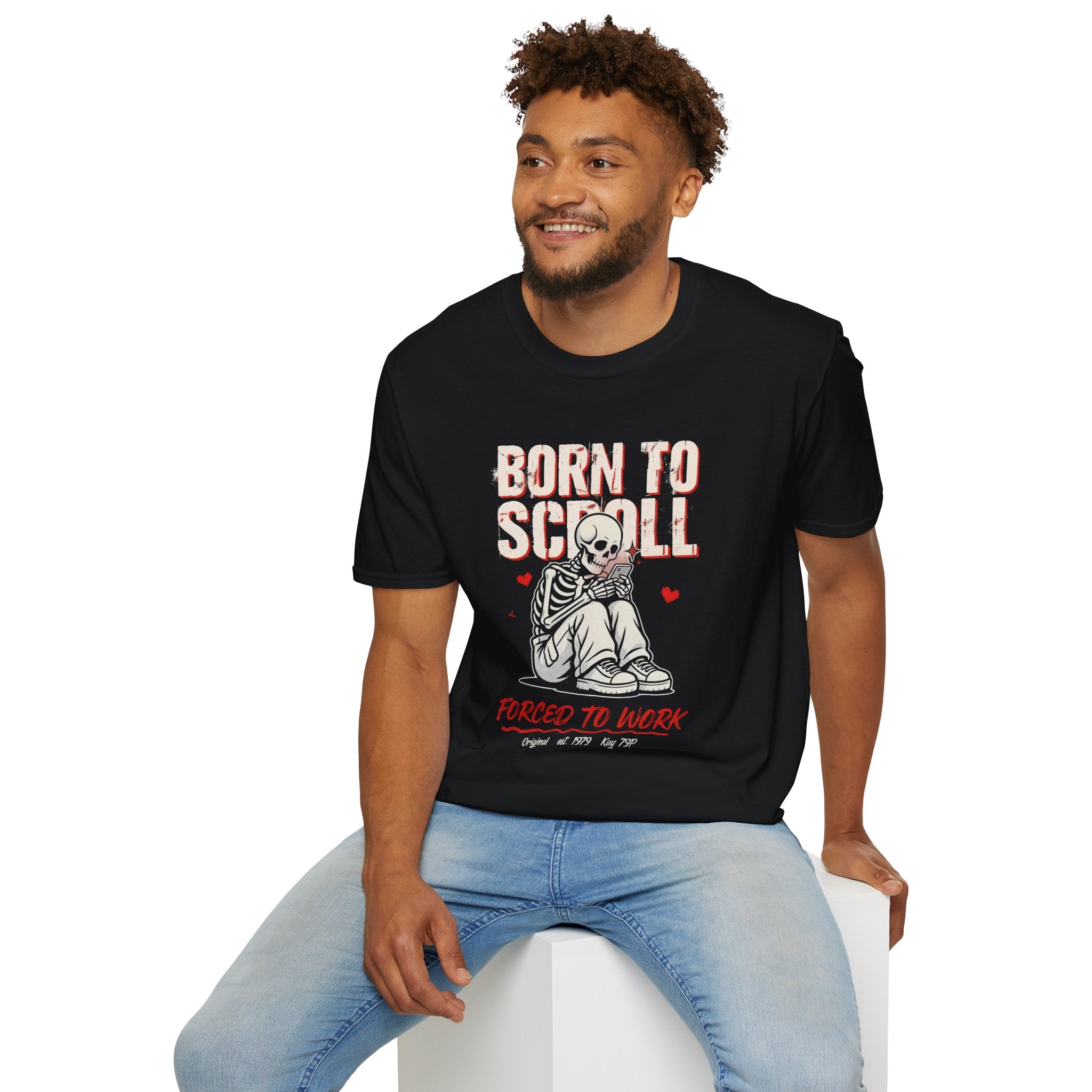 Born to Scroll T-Shirt — Cute Skeleton "Born to Scroll, Forced to Work" Graphic Tee