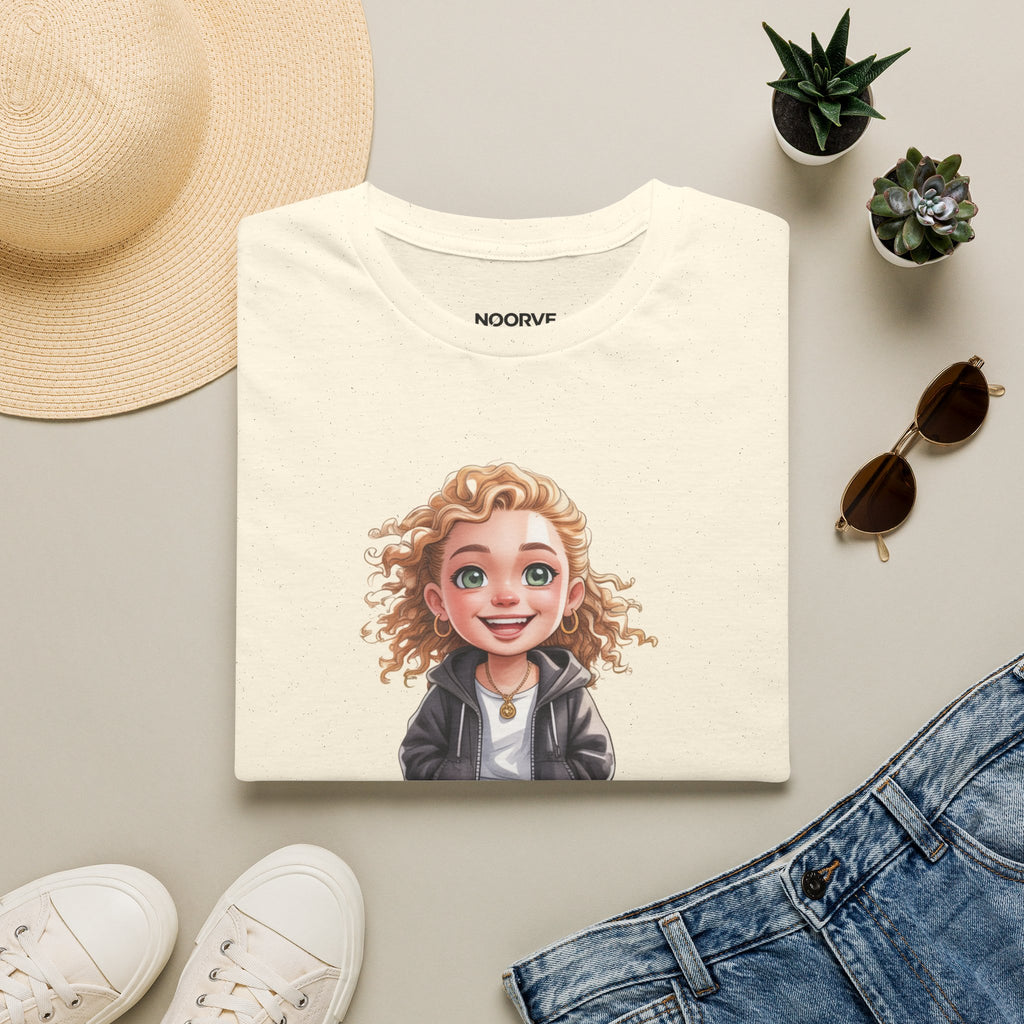 Cute Curly Girl Cartoon T-Shirt — Whimsical Character Tee