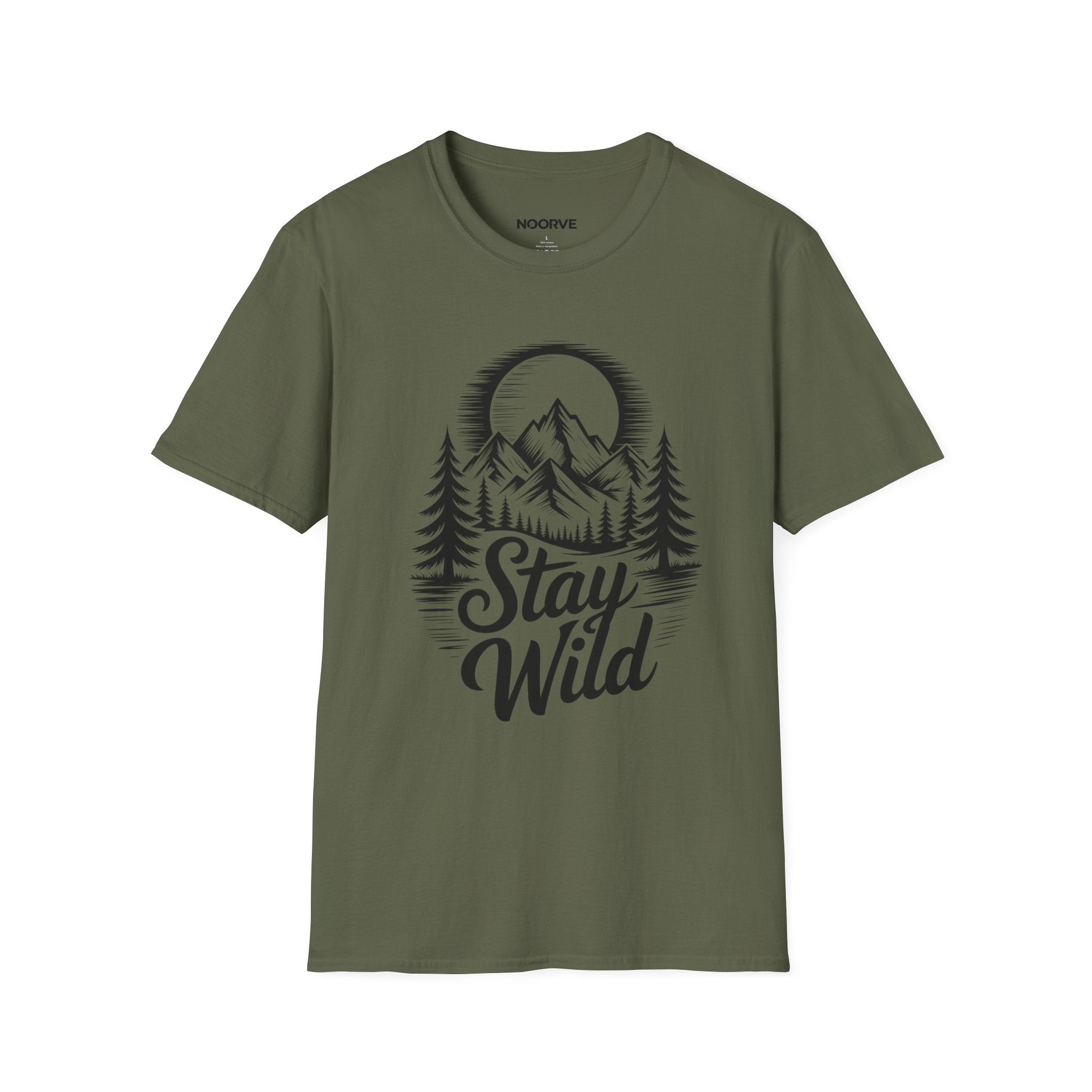 Stay Wild Mountain T‑Shirt — Adventure Graphic Tee with Mountains & Pine Trees