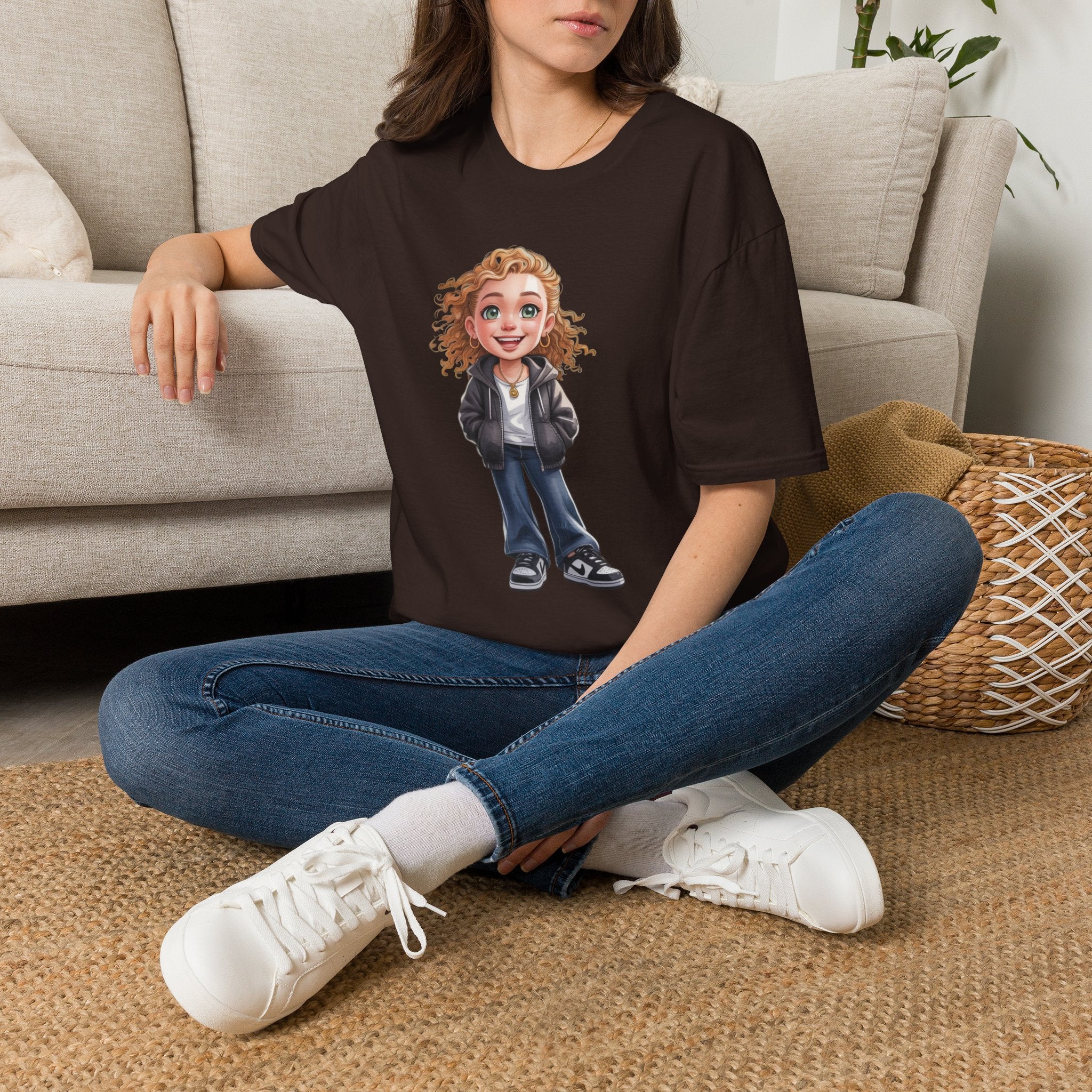 Cute Curly Girl Cartoon T-Shirt — Whimsical Character Tee | Noorve | T-Shirt