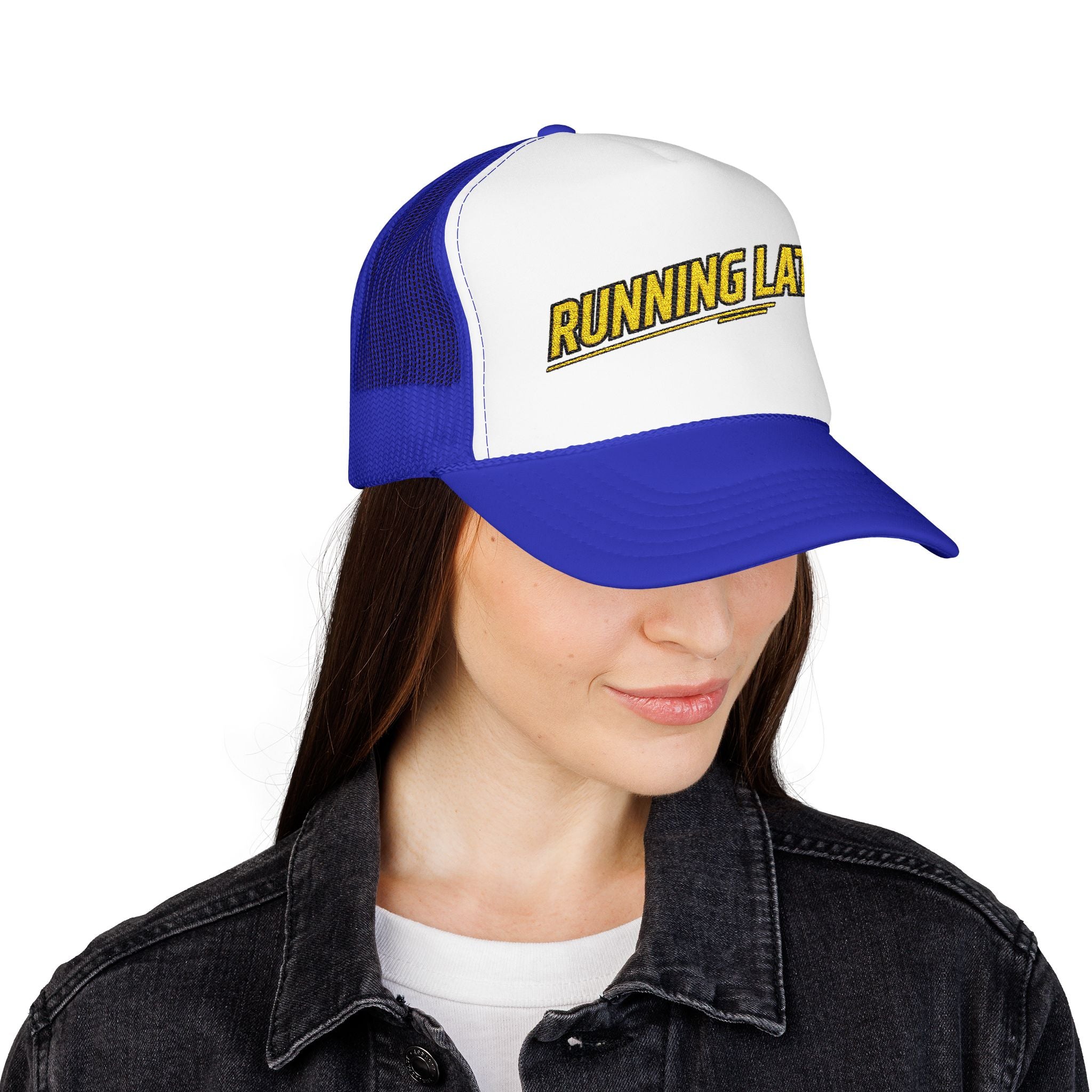 Running Late Trucker Hat — Funny Retro Foam Mesh Cap
