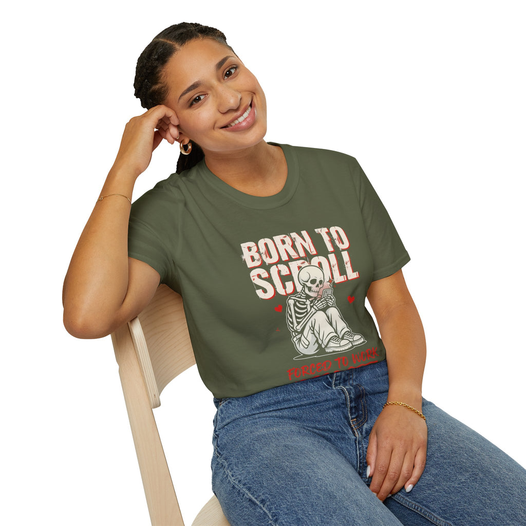 Born to Scroll T-Shirt — Cute Skeleton "Born to Scroll, Forced to Work" Graphic Tee