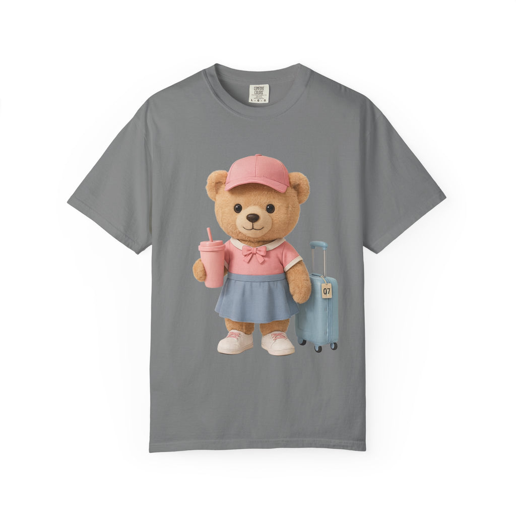 Teddy Traveler T‑Shirt — Cute Bear with Luggage & Cup Graphic