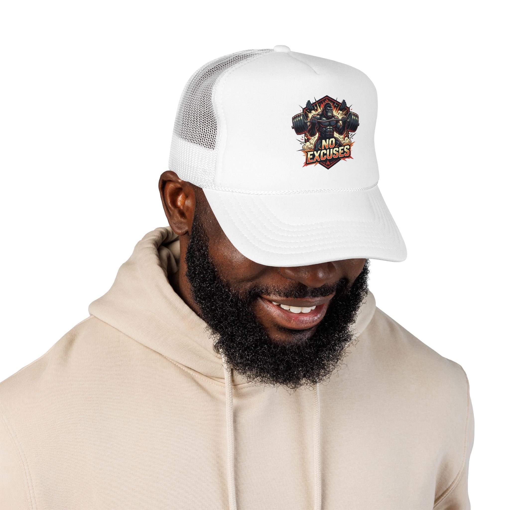 Trucker Hat — 'No Excuses' Gym Skull Design