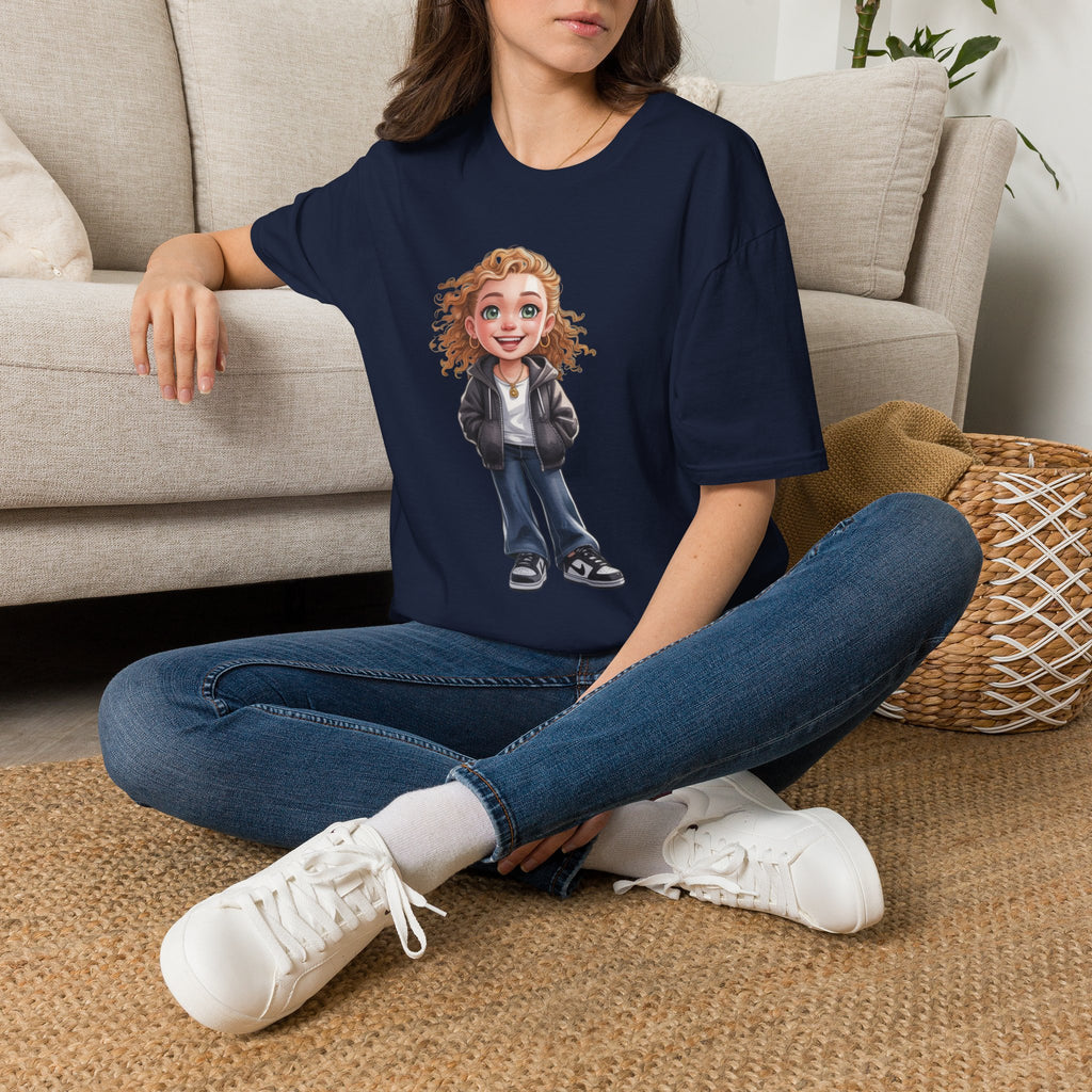 Cute Curly Girl Cartoon T-Shirt — Whimsical Character Tee | Noorve | T-Shirt