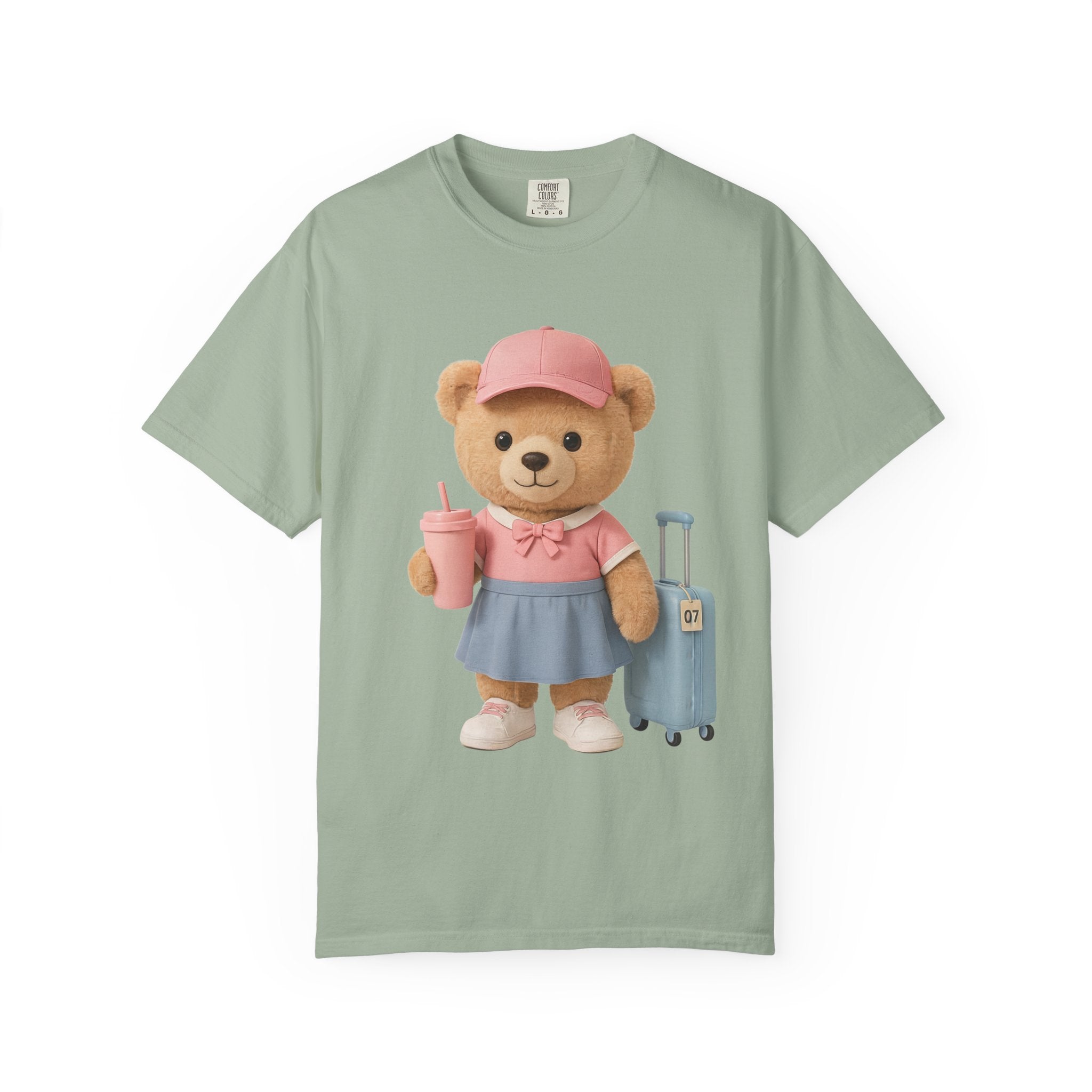 Teddy Traveler T‑Shirt — Cute Bear with Luggage & Cup Graphic