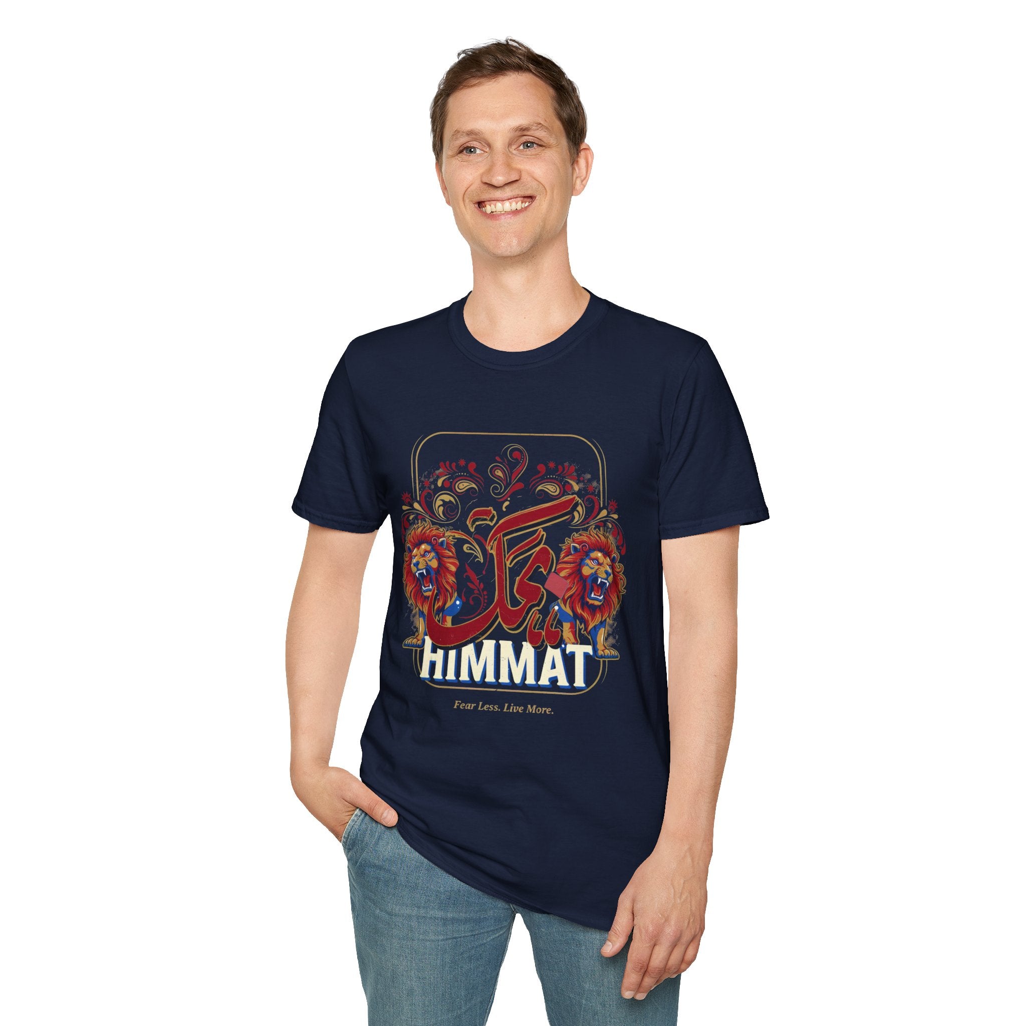 Arabic Calligraphy T-Shirt — 'Himmat' Lion Floral Graphic Tee