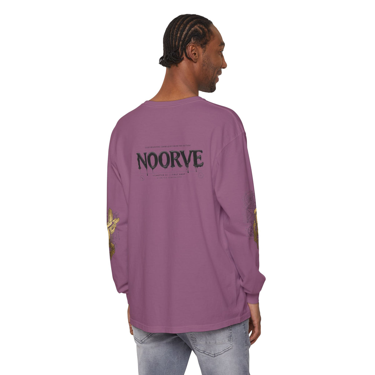 Long Sleeve T‑Shirt — Rooster Mask Character Graphic with 'NOORVE' Back Logo