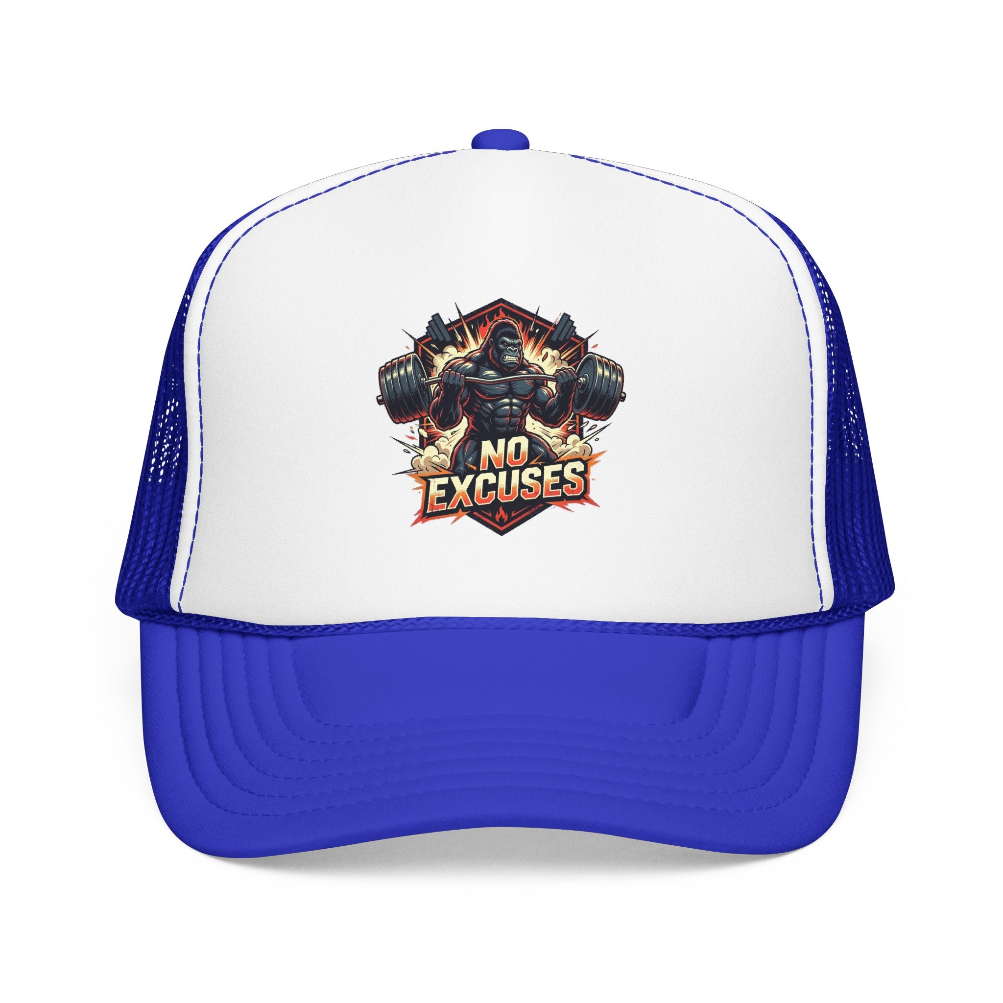 Trucker Hat — 'No Excuses' Gym Skull Design