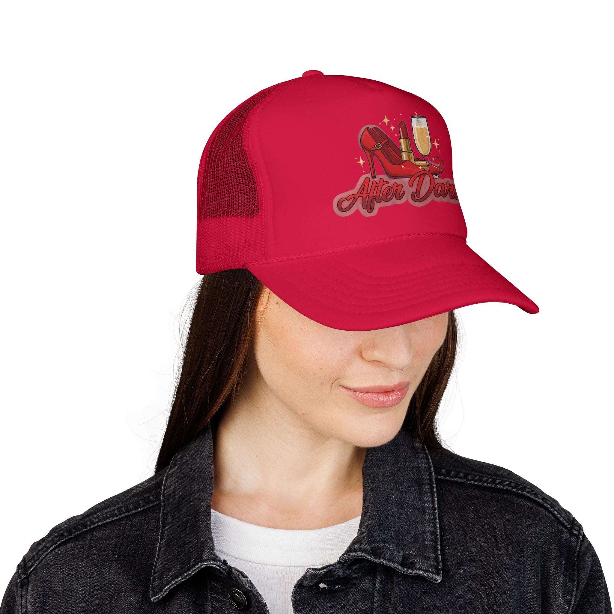 After Dark Trucker Hat — Red Heels & Champagne Foam Cap