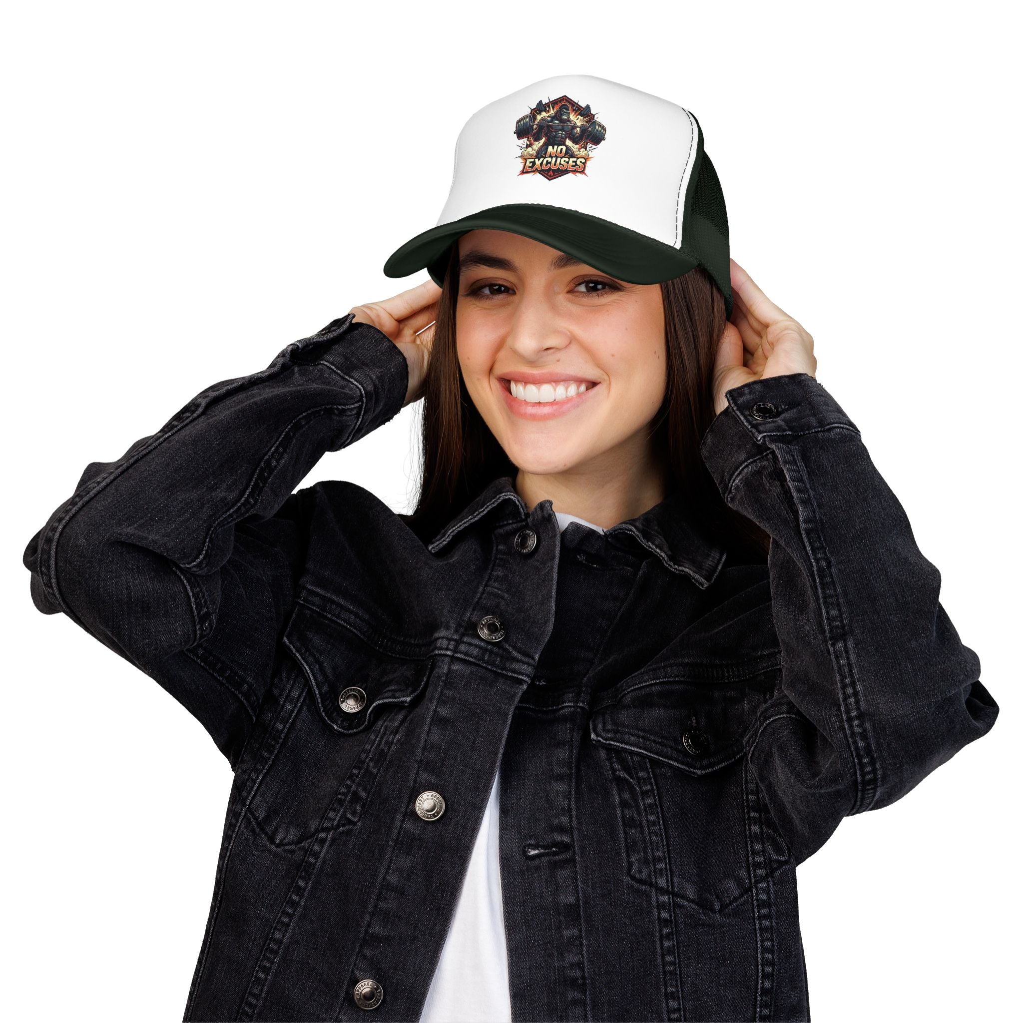 Trucker Hat — 'No Excuses' Gym Skull Design
