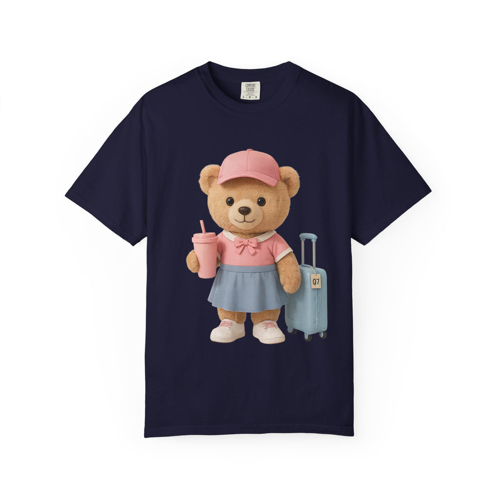 Teddy Traveler T‑Shirt — Cute Bear with Luggage & Cup Graphic