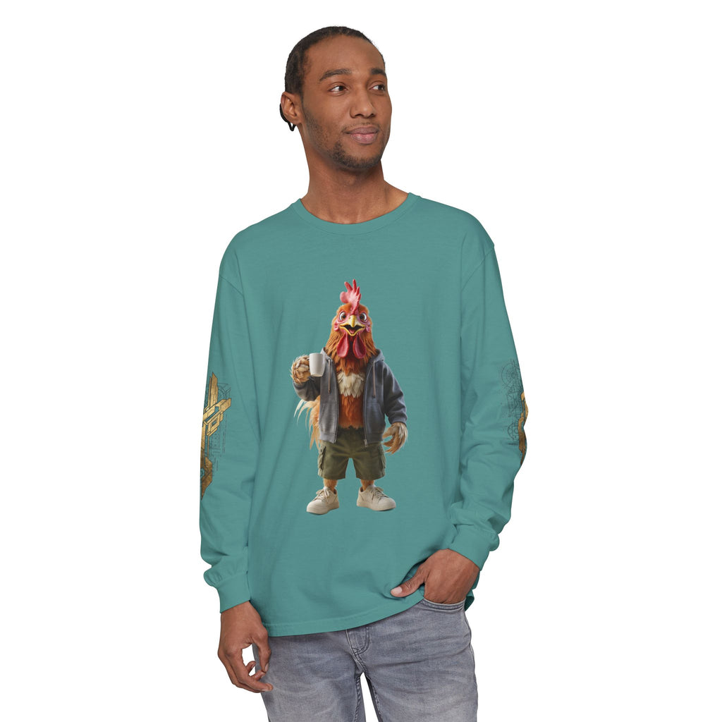 Long Sleeve T‑Shirt — Rooster Mask Character Graphic with 'NOORVE' Back Logo