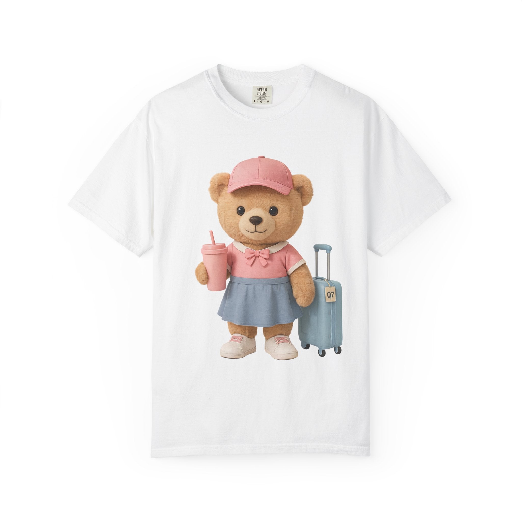 Teddy Traveler T‑Shirt — Cute Bear with Luggage & Cup Graphic