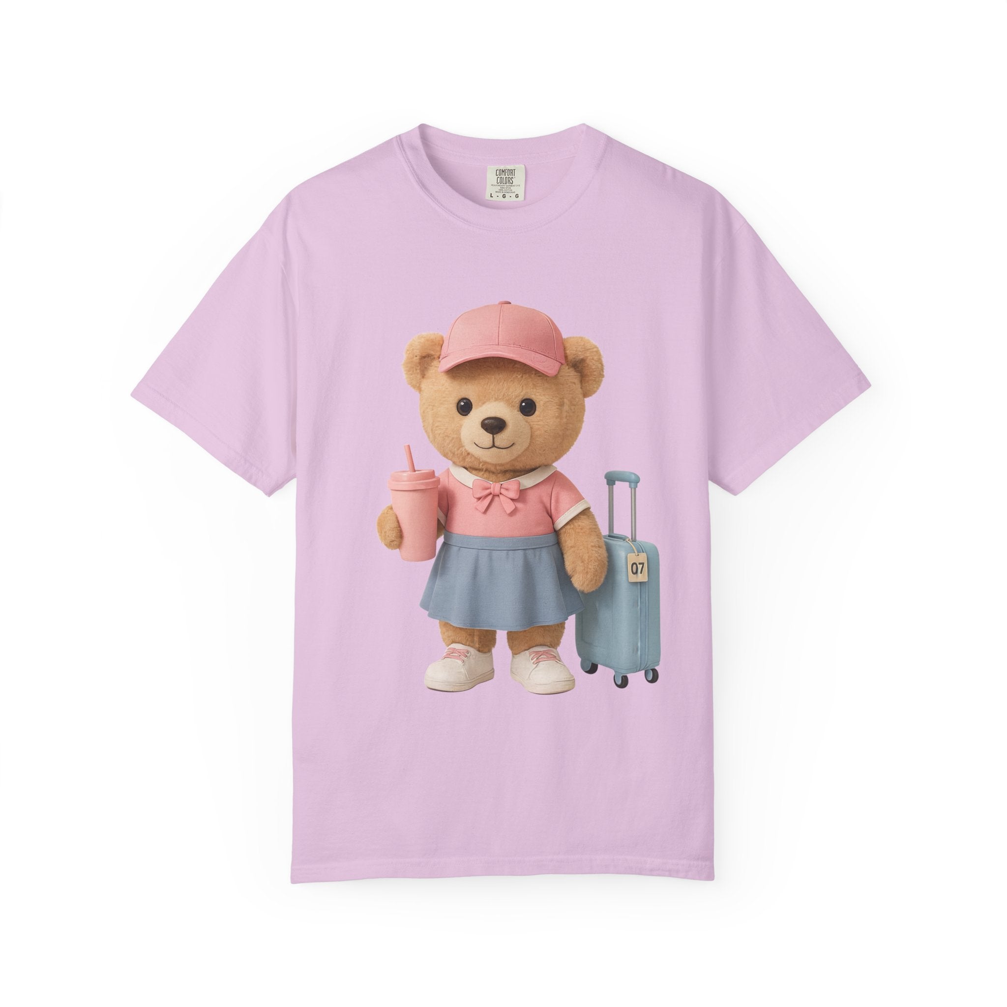 Teddy Traveler T‑Shirt — Cute Bear with Luggage & Cup Graphic