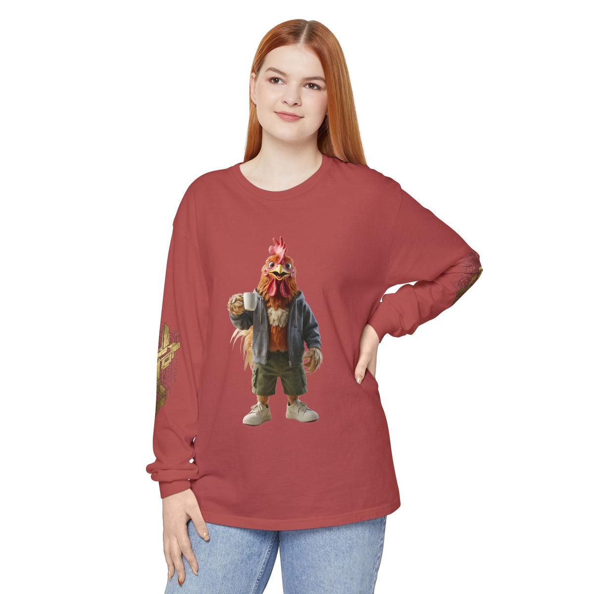 Long Sleeve T‑Shirt — Rooster Mask Character Graphic with 'NOORVE' Back Logo