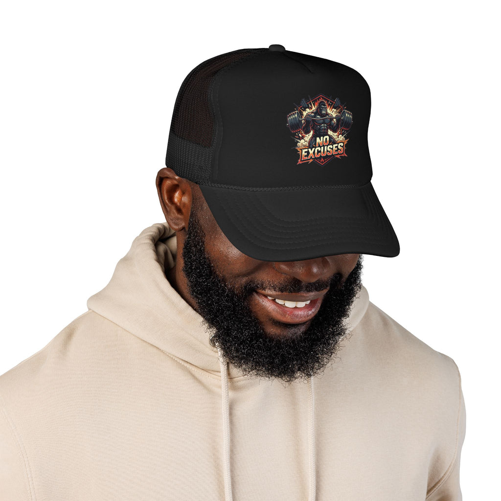 Trucker Hat — 'No Excuses' Gym Skull Design