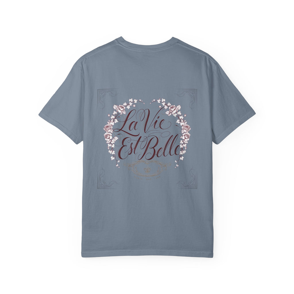 La Vie Est Belle Graphic T-Shirt — Feminine Portrait & Floral Back Print
