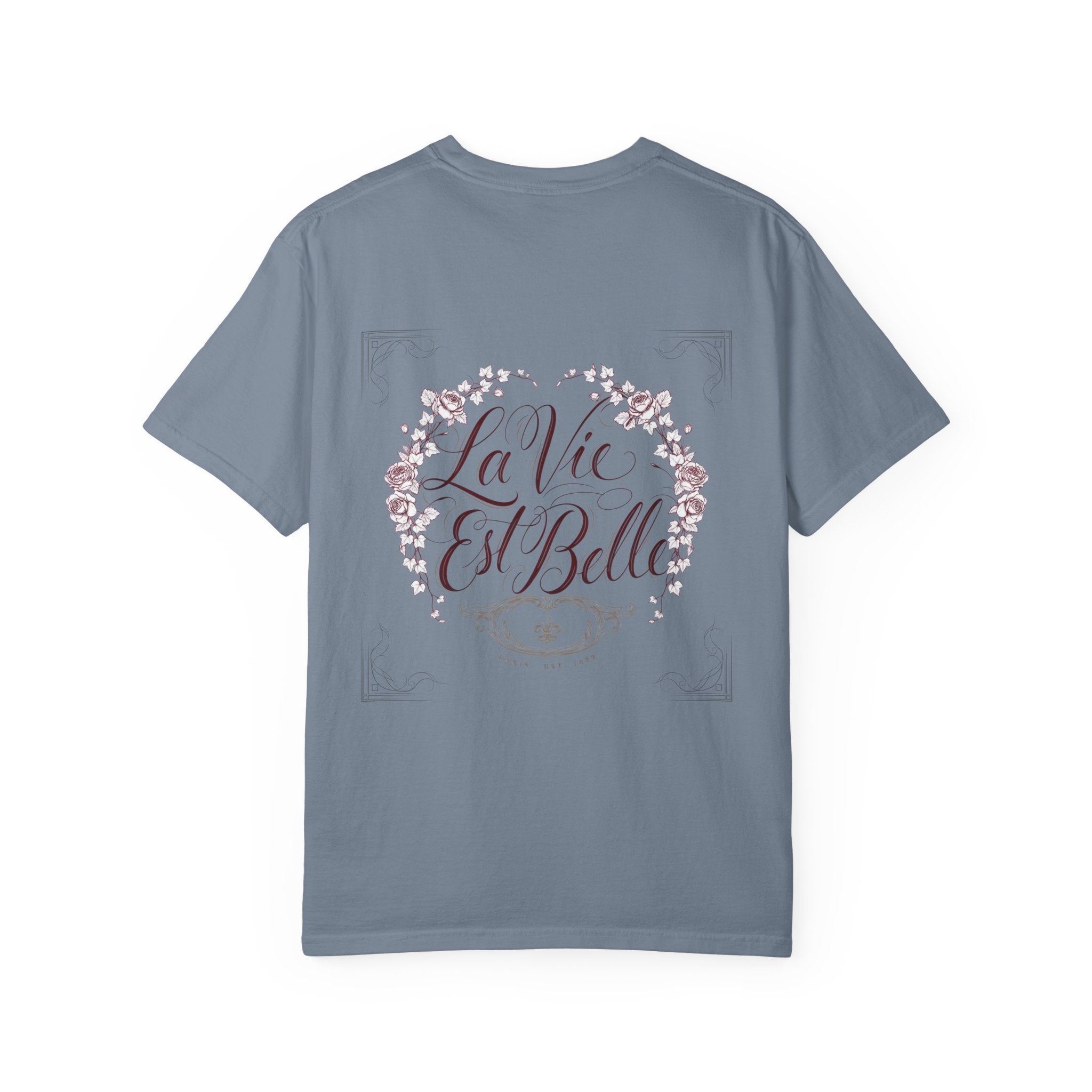 La Vie Est Belle Graphic T-Shirt — Feminine Portrait & Floral Back Print
