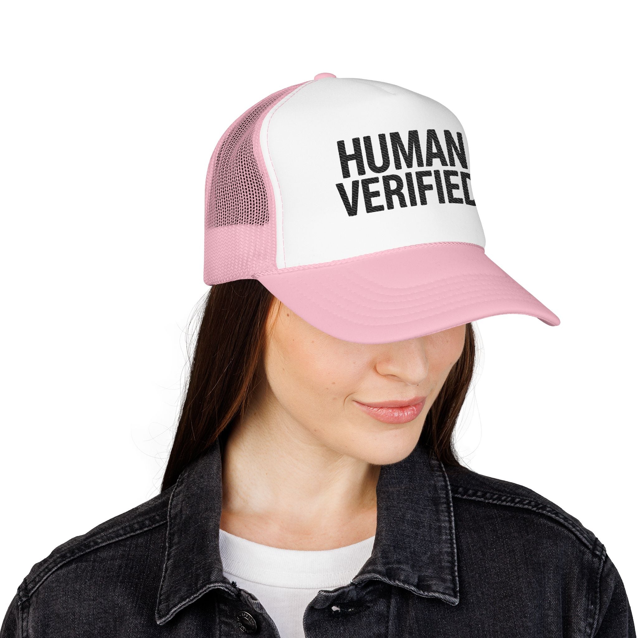Human Verified Trucker Hat — Distressed Black Mesh Foam Cap