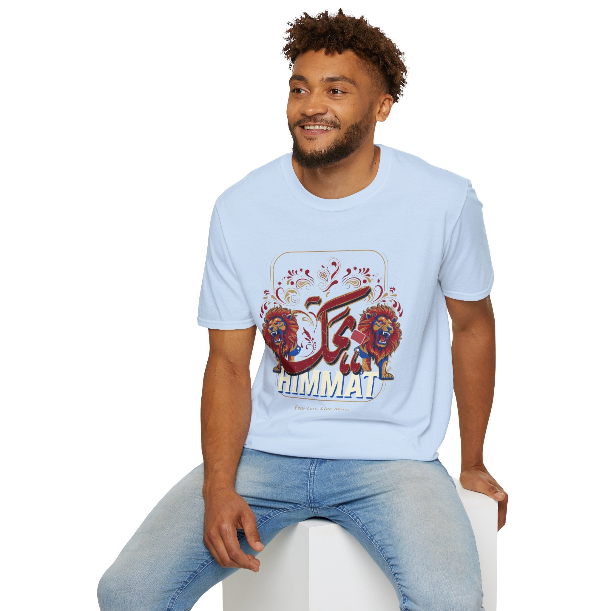 Arabic Calligraphy T-Shirt — 'Himmat' Lion Floral Graphic Tee