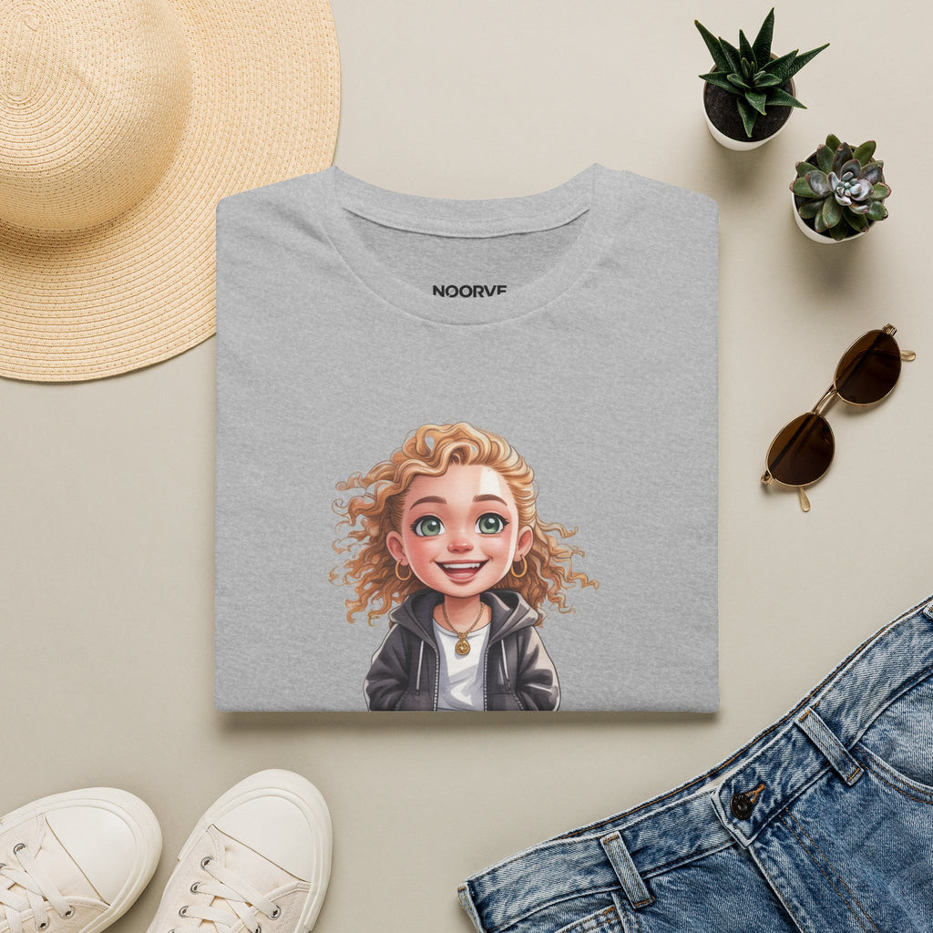 Cute Curly Girl Cartoon T-Shirt — Whimsical Character Tee