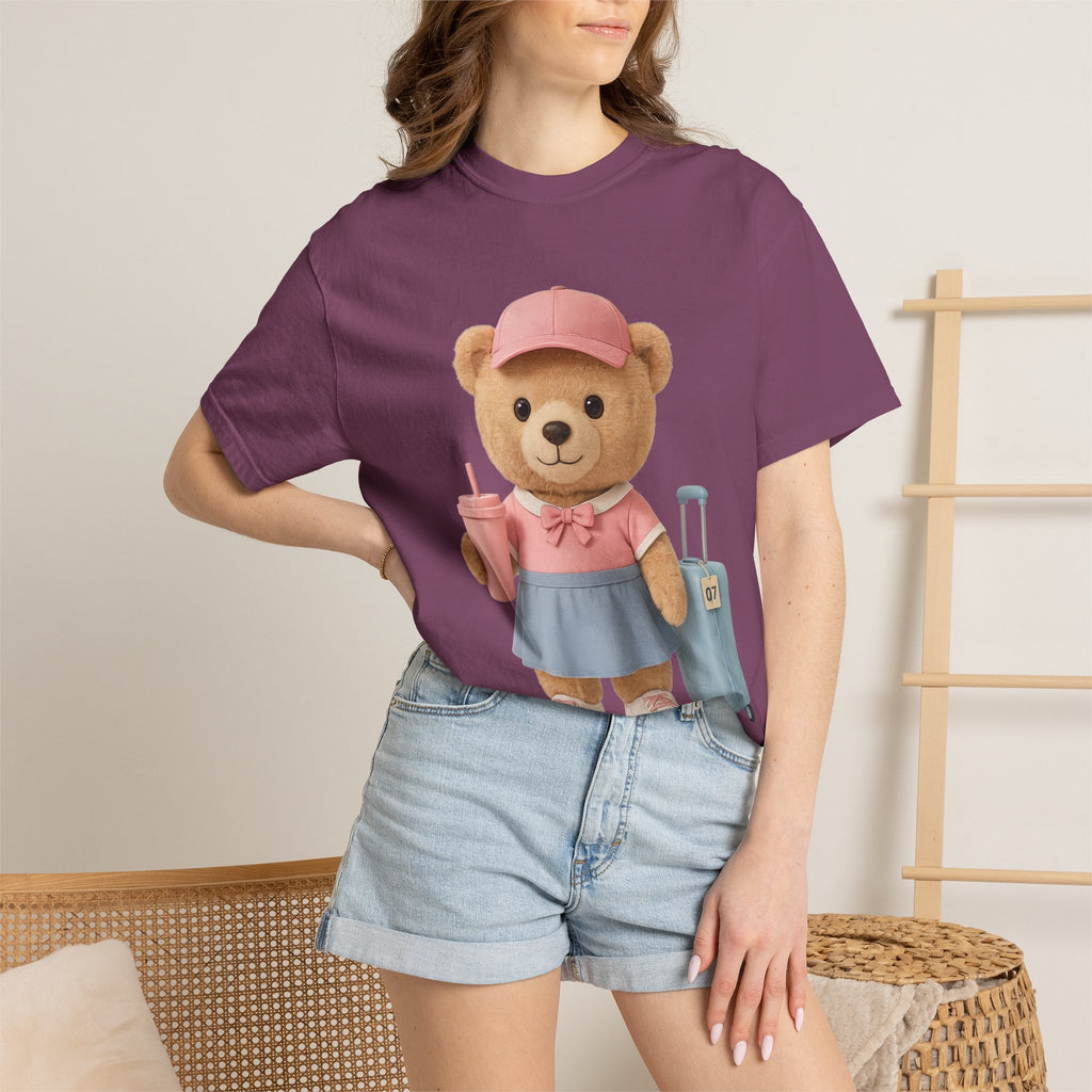 Teddy Traveler T‑Shirt — Cute Bear with Luggage & Cup Graphic