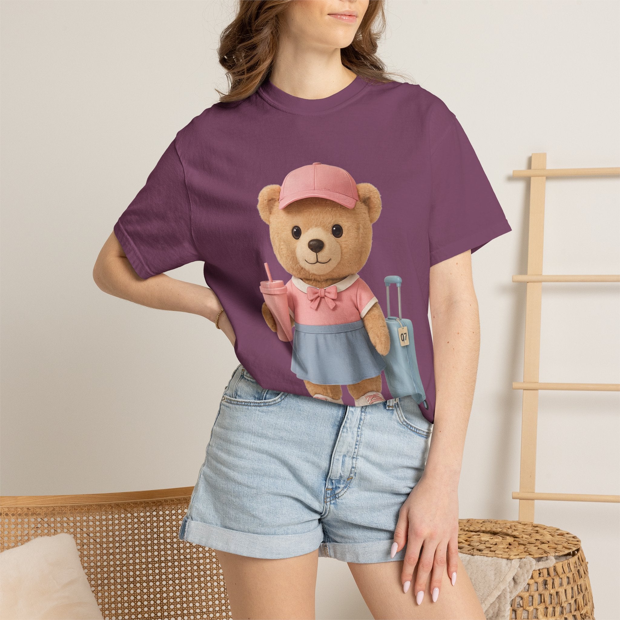 Teddy Traveler T‑Shirt — Cute Bear with Luggage & Cup Graphic
