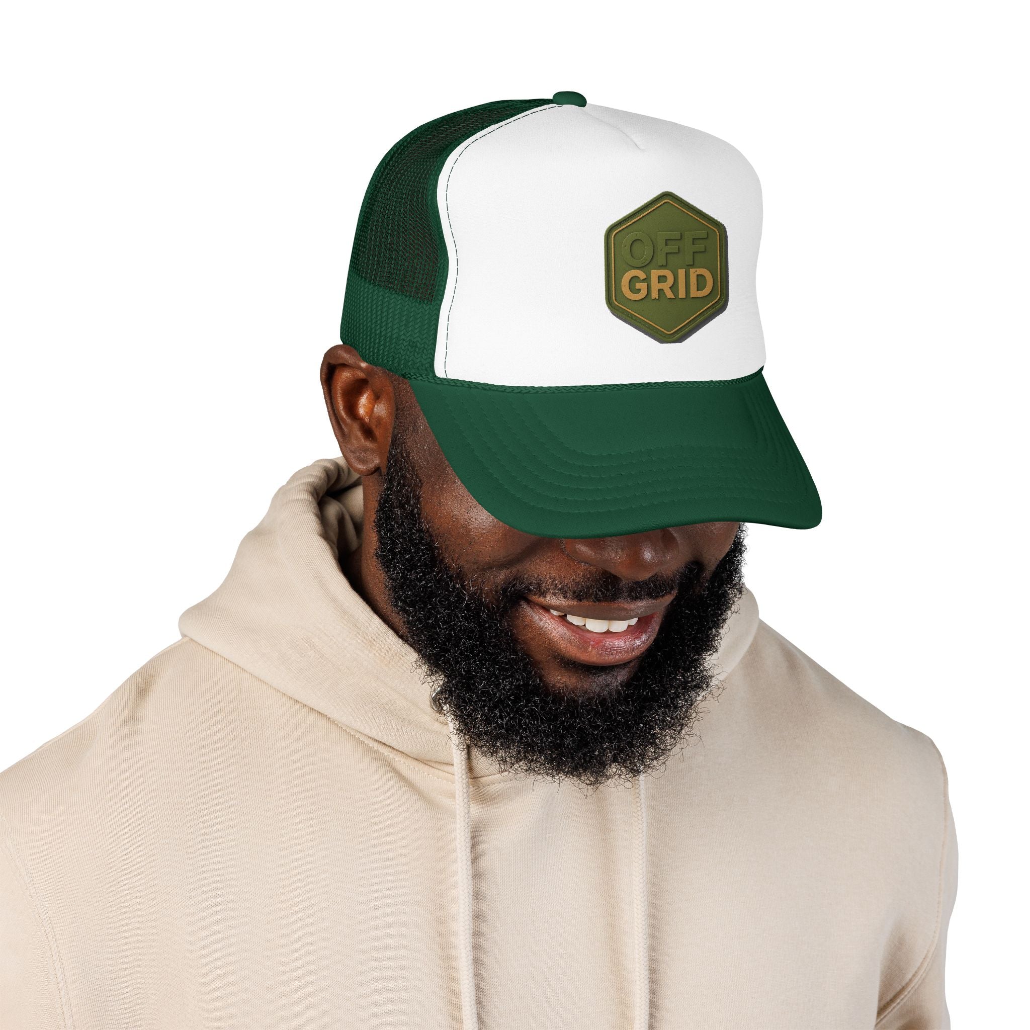 Off Grid Patch Trucker Hat — Military Green Adventure Cap
