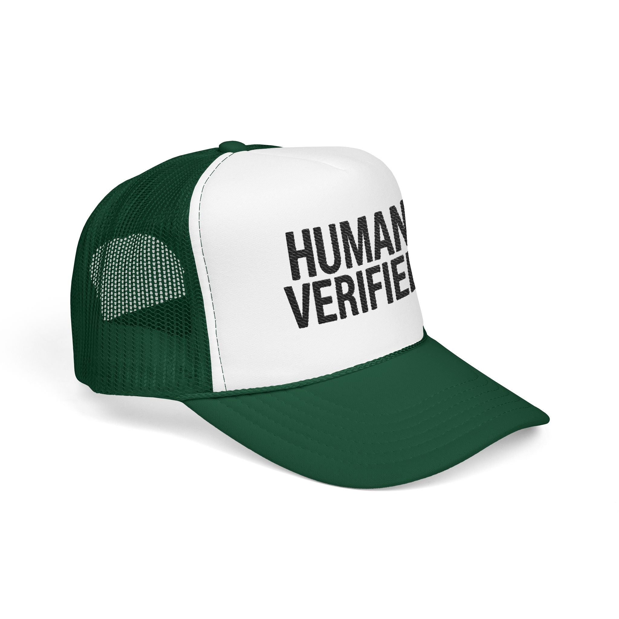 Human Verified Trucker Hat — Distressed Black Mesh Foam Cap