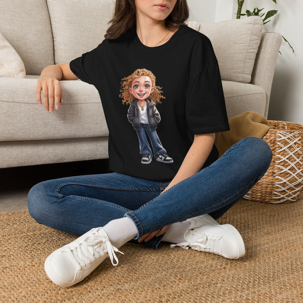 Cute Curly Girl Cartoon T-Shirt — Whimsical Character Tee