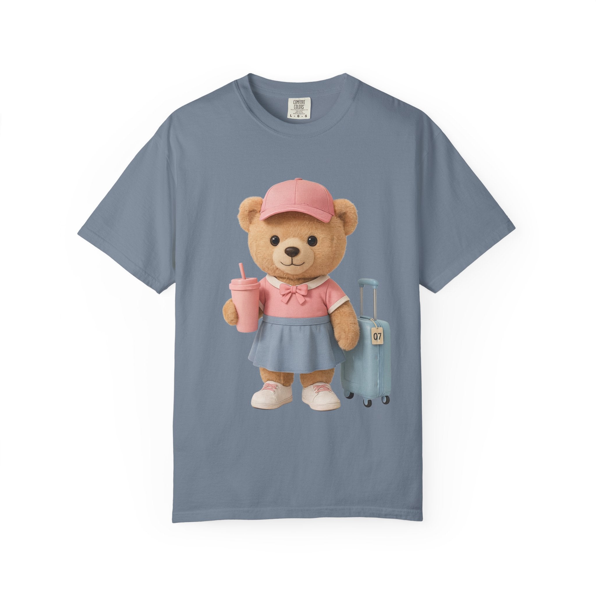 Teddy Traveler T‑Shirt — Cute Bear with Luggage & Cup Graphic