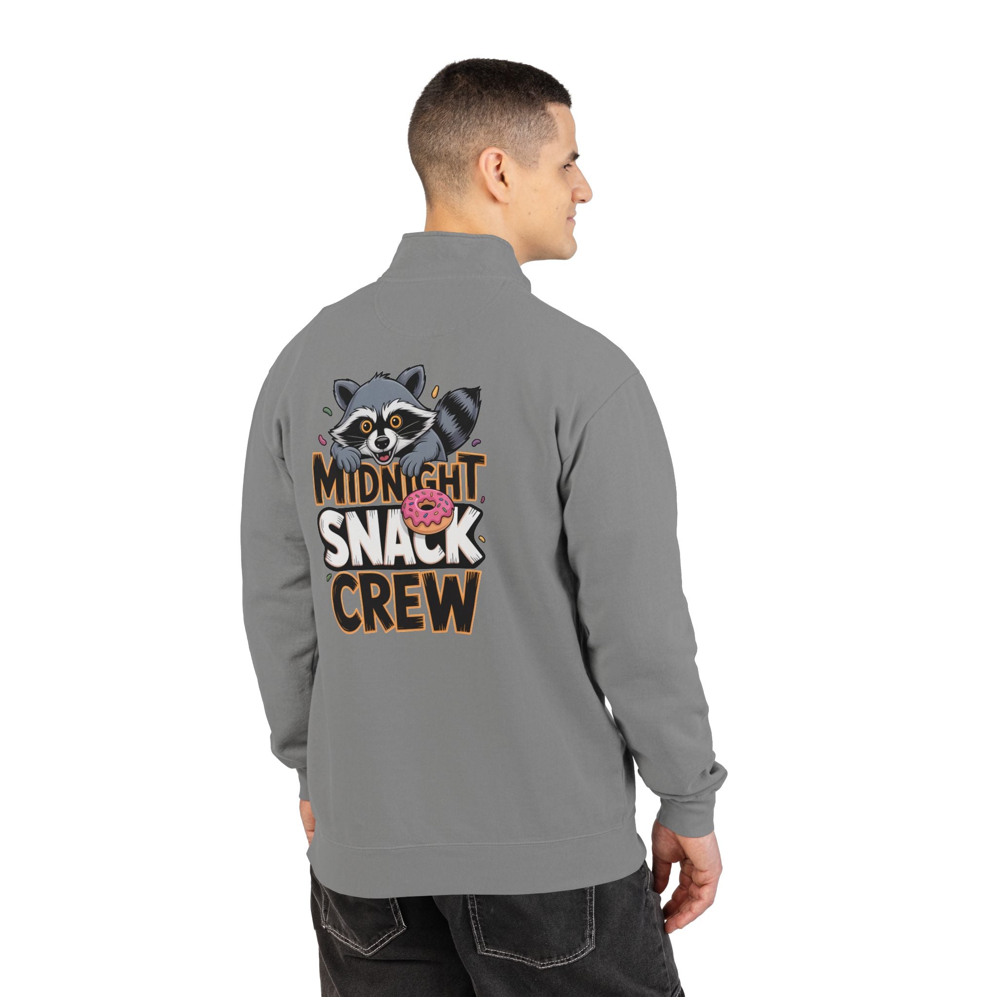 Quarter-Zip Sweatshirt — "Midnight Snack Crew" Raccoon Graphic