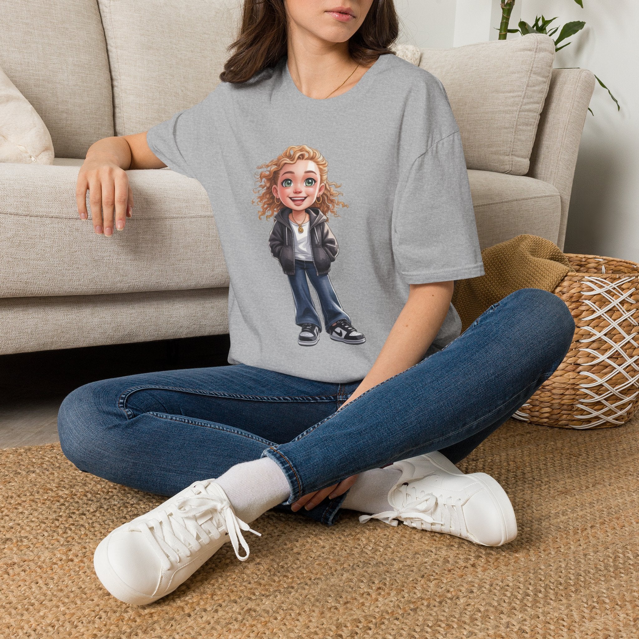 Cute Curly Girl Cartoon T-Shirt — Whimsical Character Tee