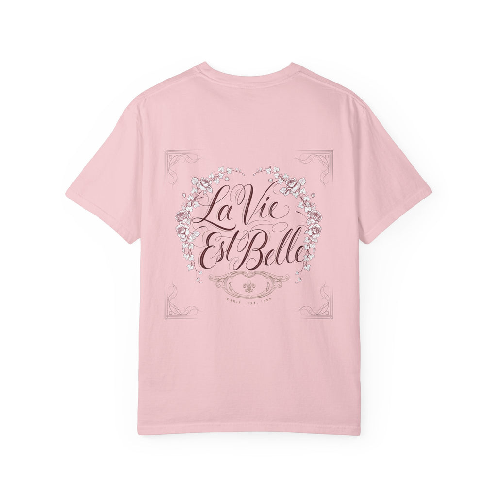 La Vie Est Belle Graphic T-Shirt — Feminine Portrait & Floral Back Print
