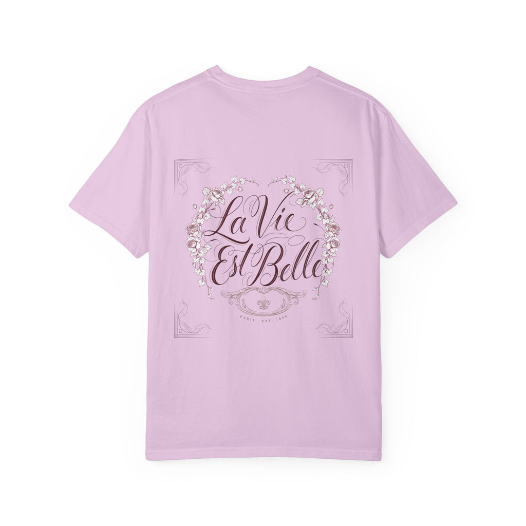 La Vie Est Belle Graphic T-Shirt — Feminine Portrait & Floral Back Print