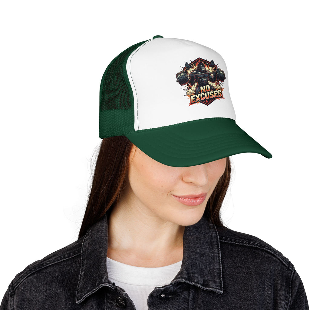 Trucker Hat — 'No Excuses' Gym Skull Design