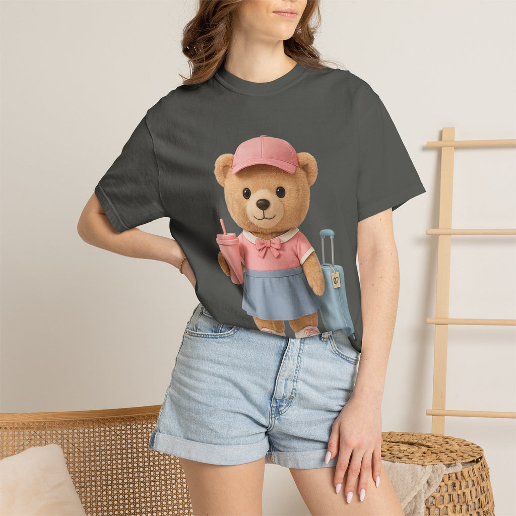 Teddy Traveler T‑Shirt — Cute Bear with Luggage & Cup Graphic