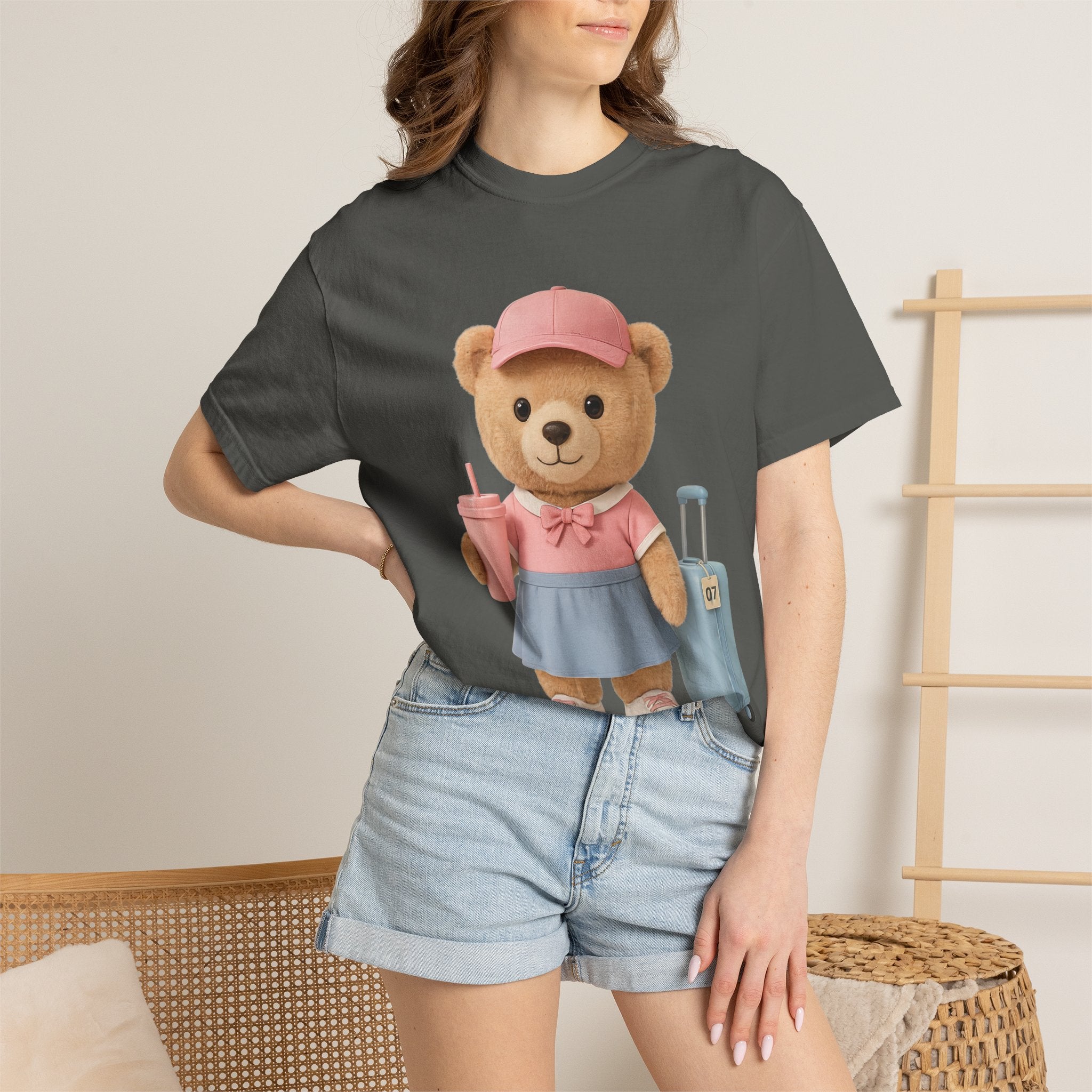 Teddy Traveler T‑Shirt — Cute Bear with Luggage & Cup Graphic