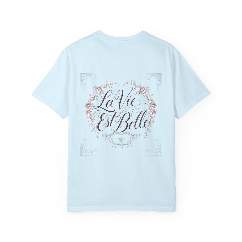 La Vie Est Belle Graphic T-Shirt — Feminine Portrait & Floral Back Print