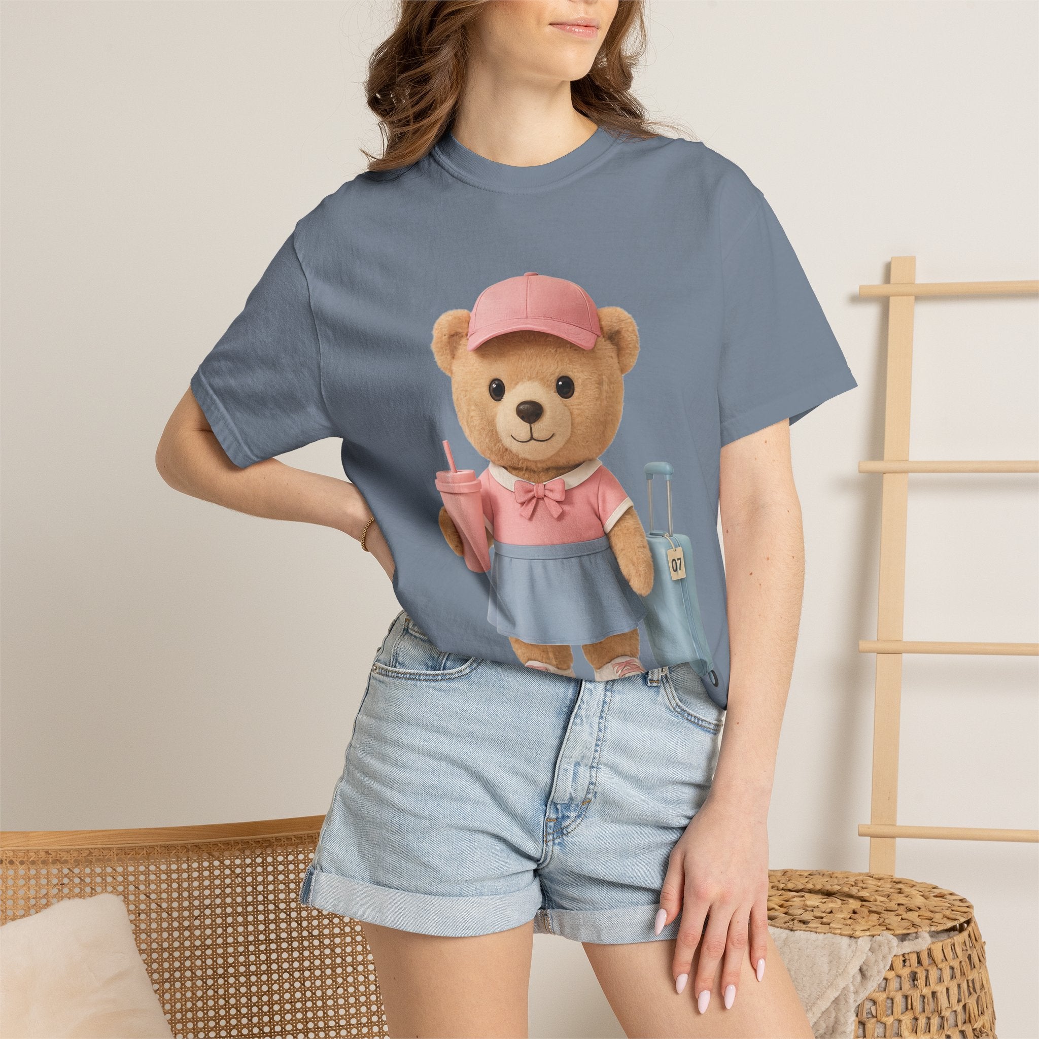 Teddy Traveler T‑Shirt — Cute Bear with Luggage & Cup Graphic