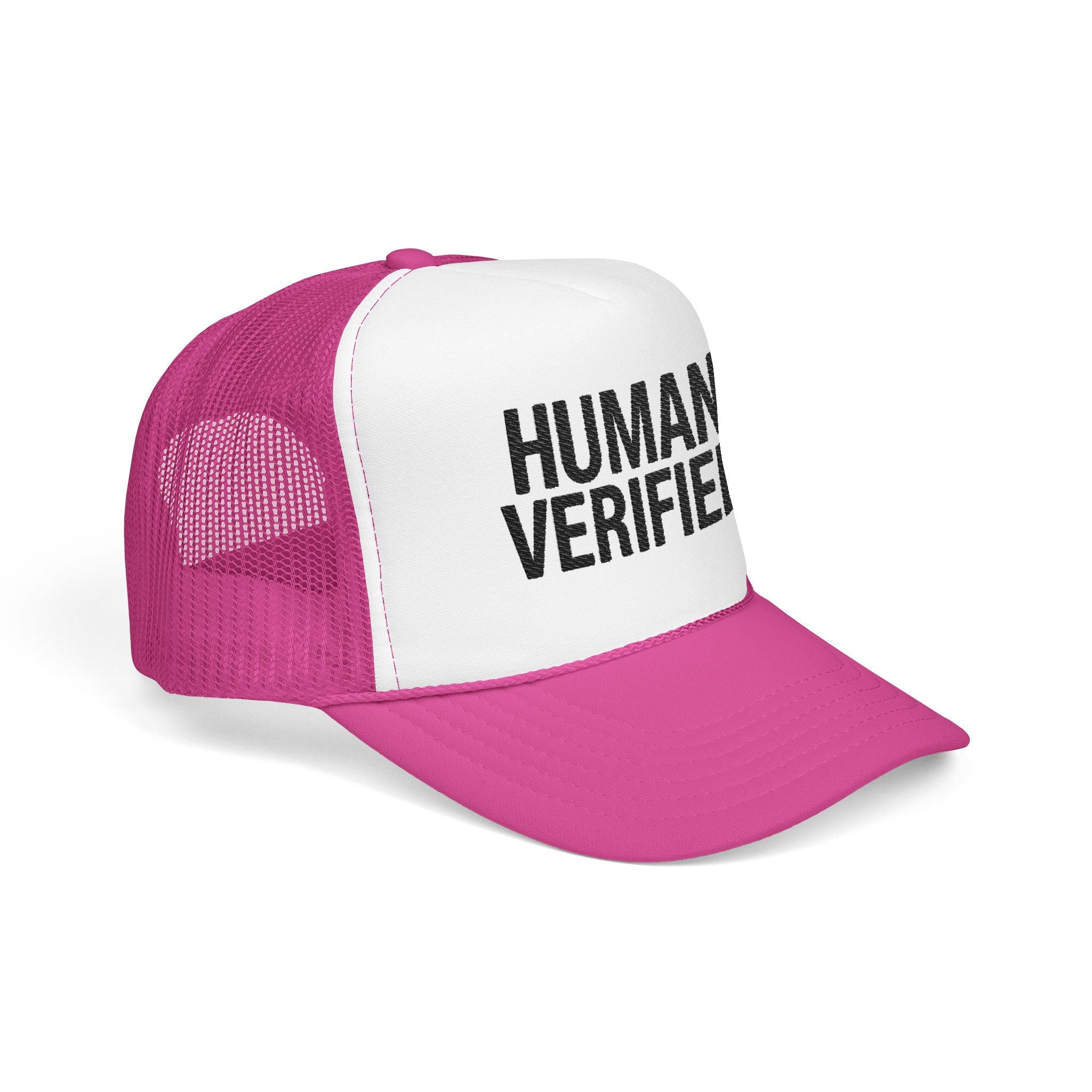 Human Verified Trucker Hat — Distressed Black Mesh Foam Cap