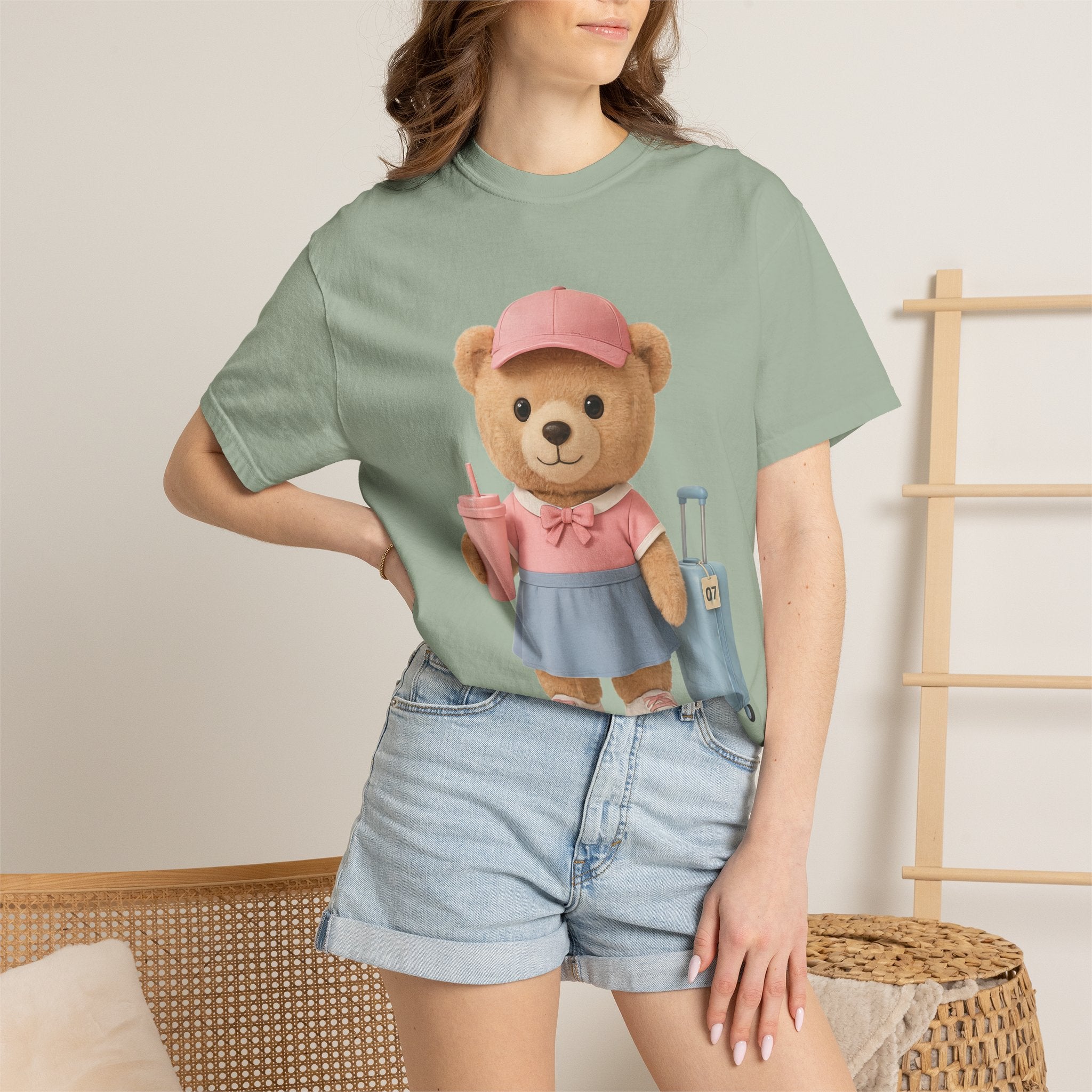 Teddy Traveler T‑Shirt — Cute Bear with Luggage & Cup Graphic