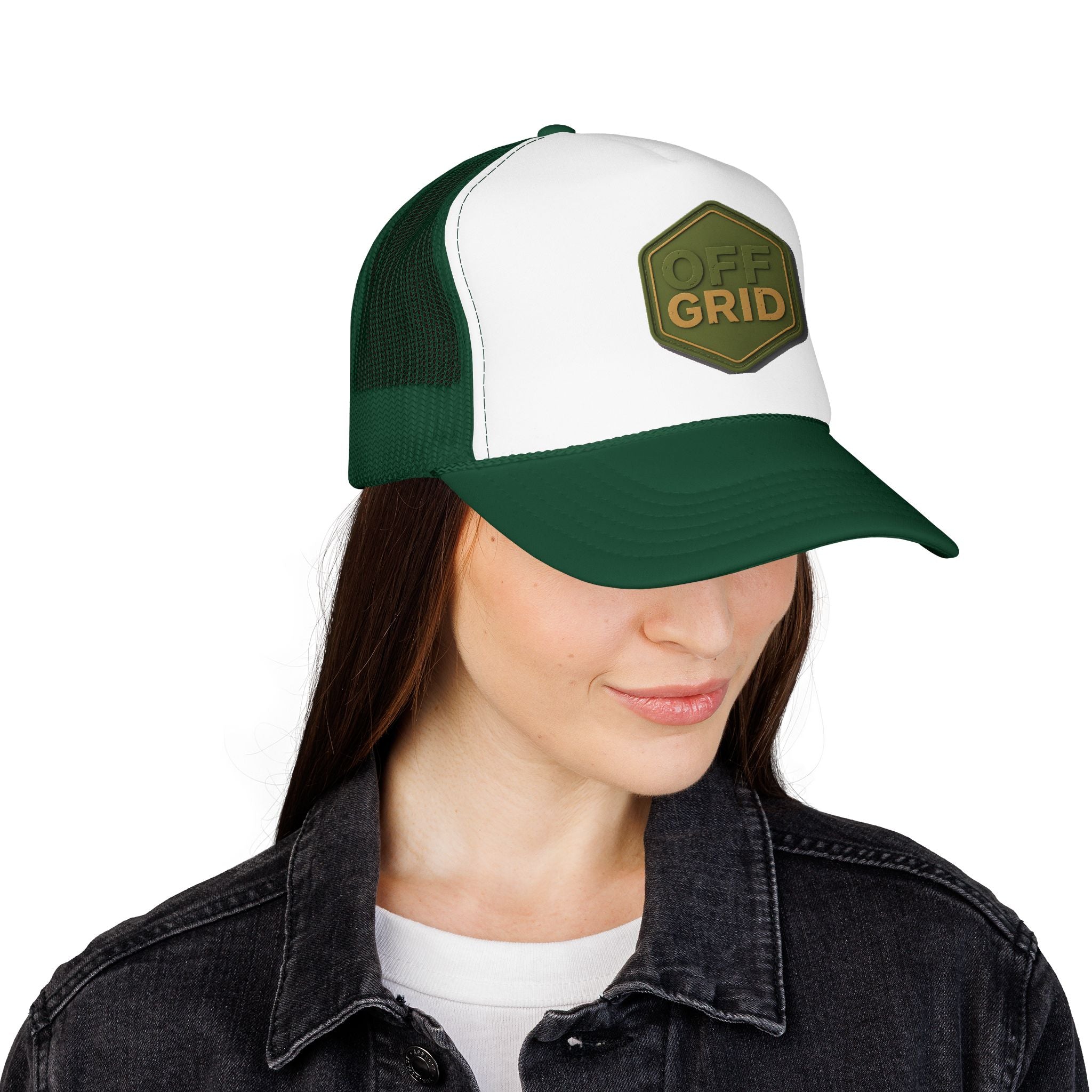 Off Grid Patch Trucker Hat — Military Green Adventure Cap