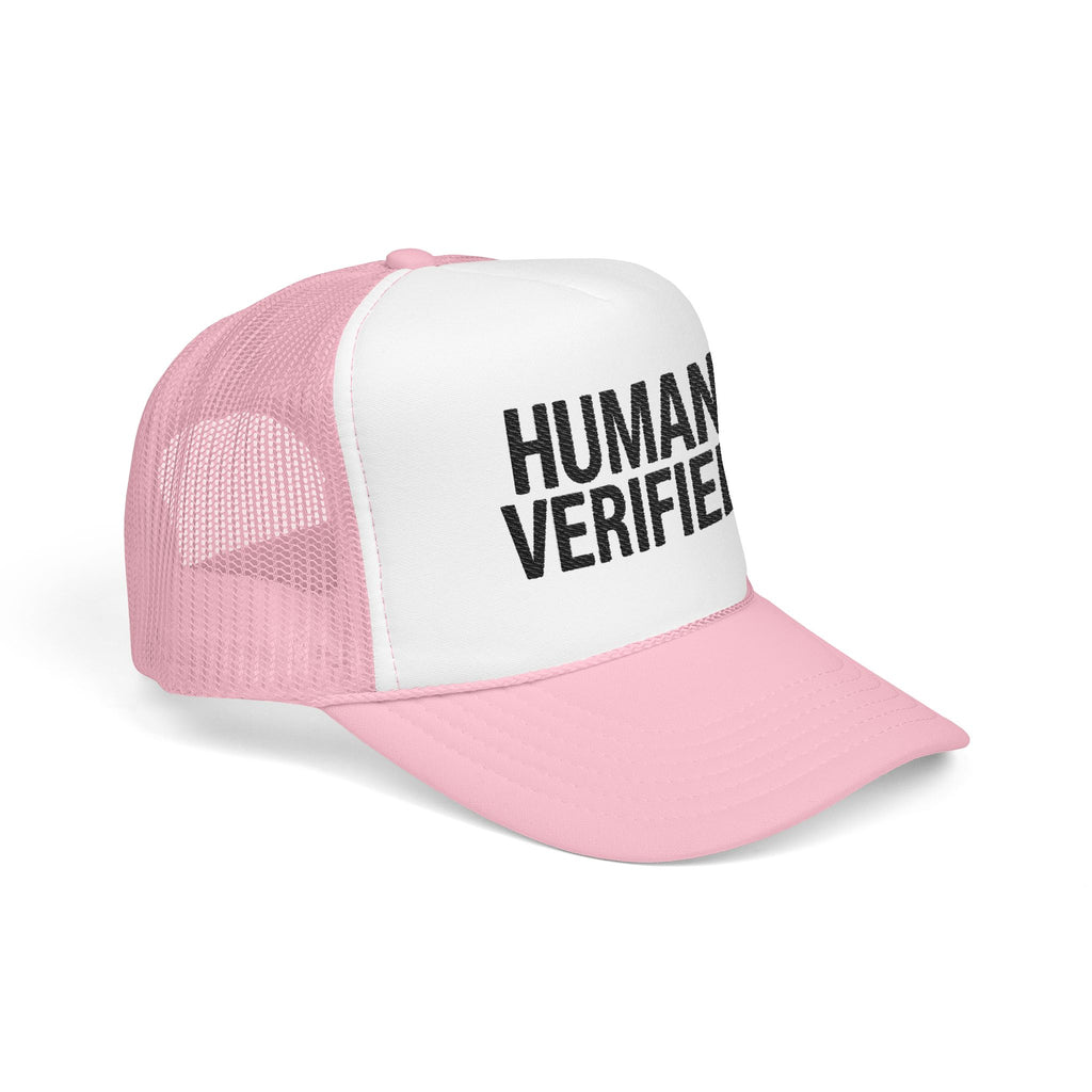 Human Verified Trucker Hat — Distressed Black Mesh Foam Cap
