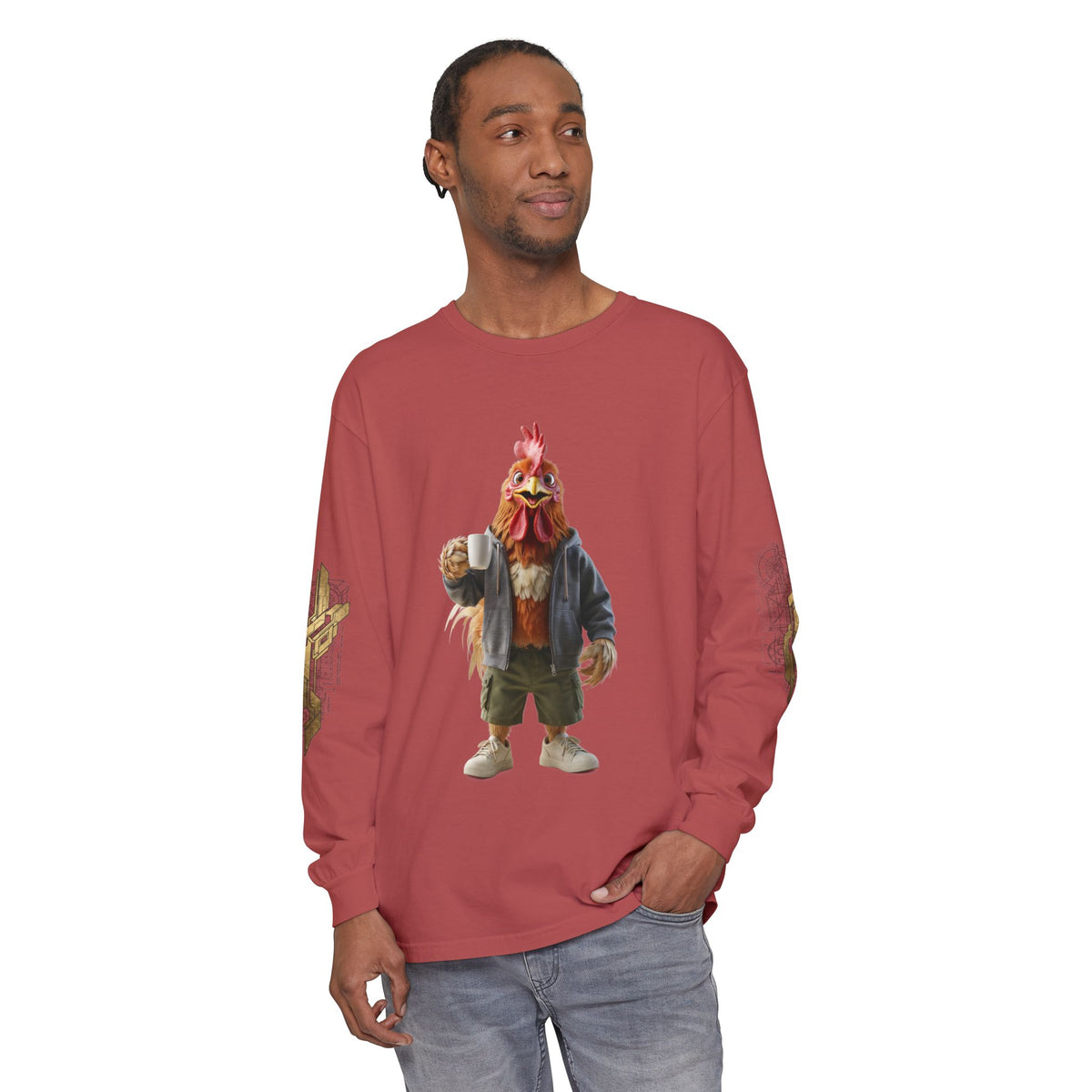 Long Sleeve T‑Shirt — Rooster Mask Character Graphic with 'NOORVE' Back Logo