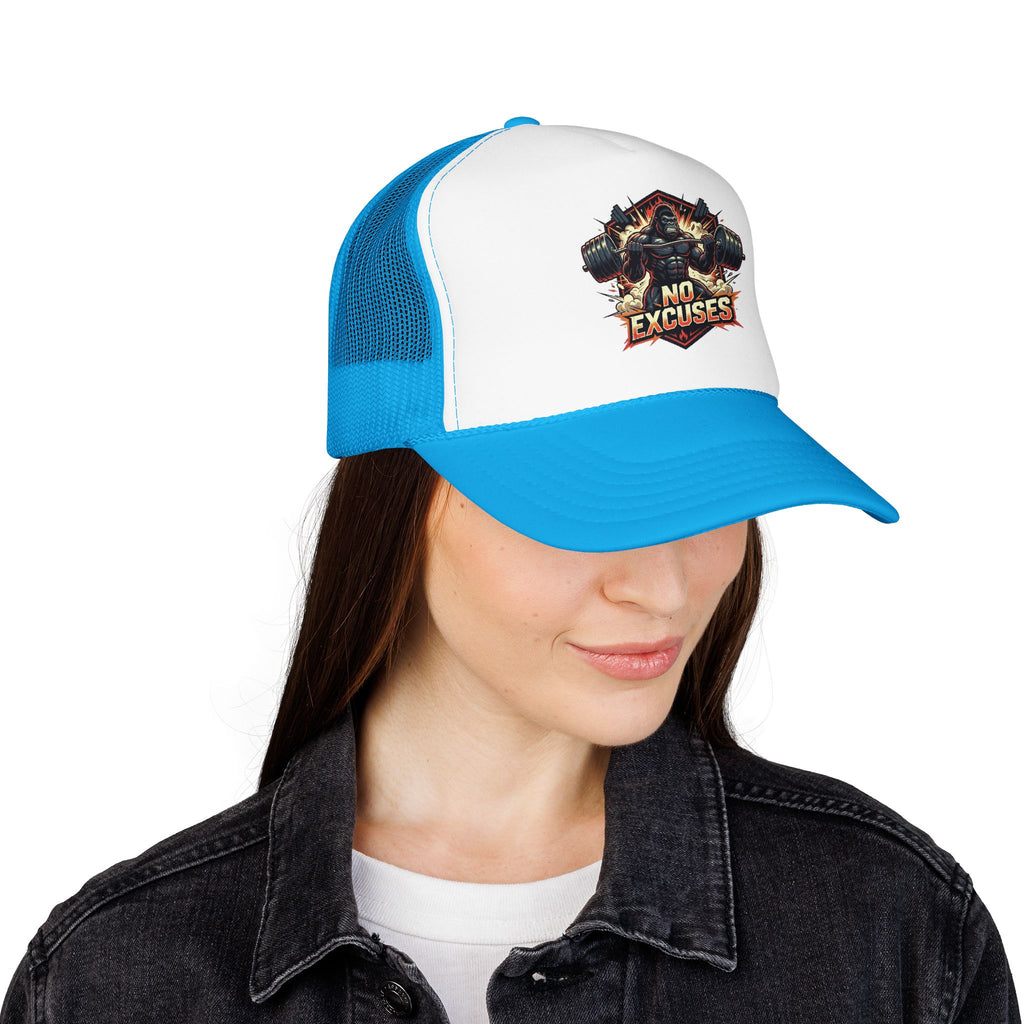 Trucker Hat — 'No Excuses' Gym Skull Design