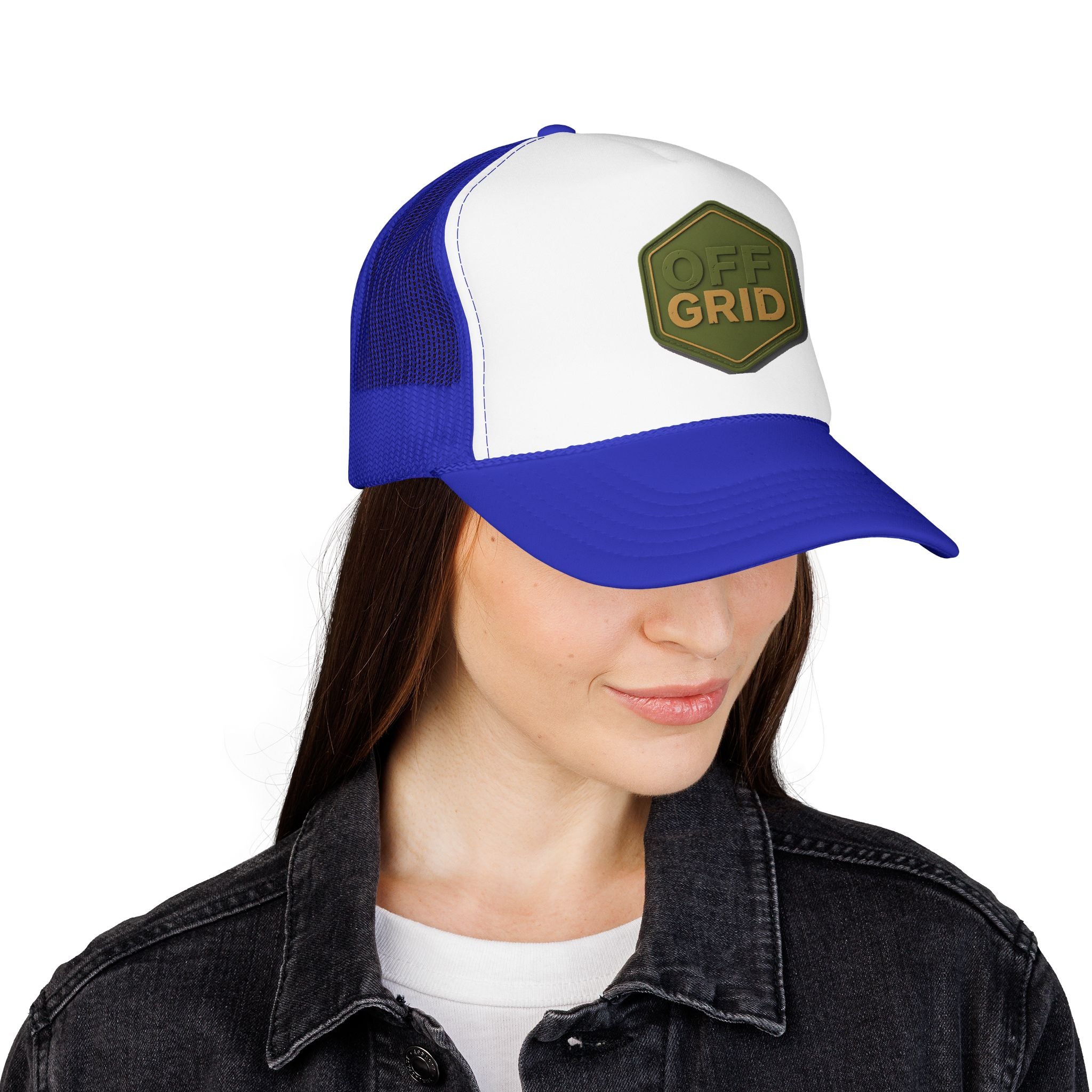 Off Grid Patch Trucker Hat — Military Green Adventure Cap