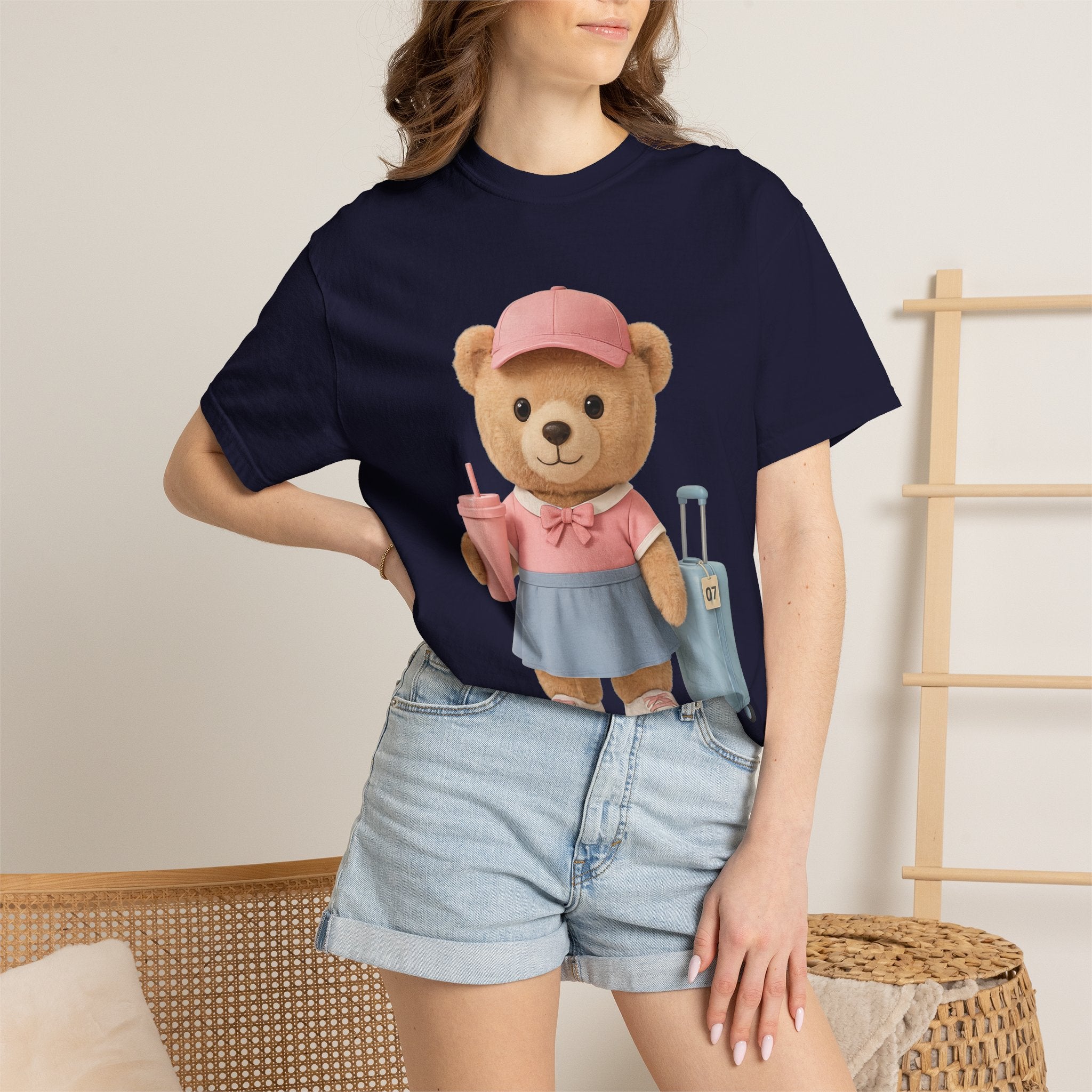 Teddy Traveler T‑Shirt — Cute Bear with Luggage & Cup Graphic