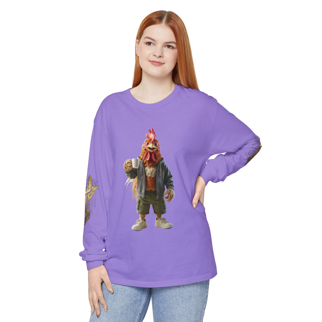 Long Sleeve T‑Shirt — Rooster Mask Character Graphic with 'NOORVE' Back Logo